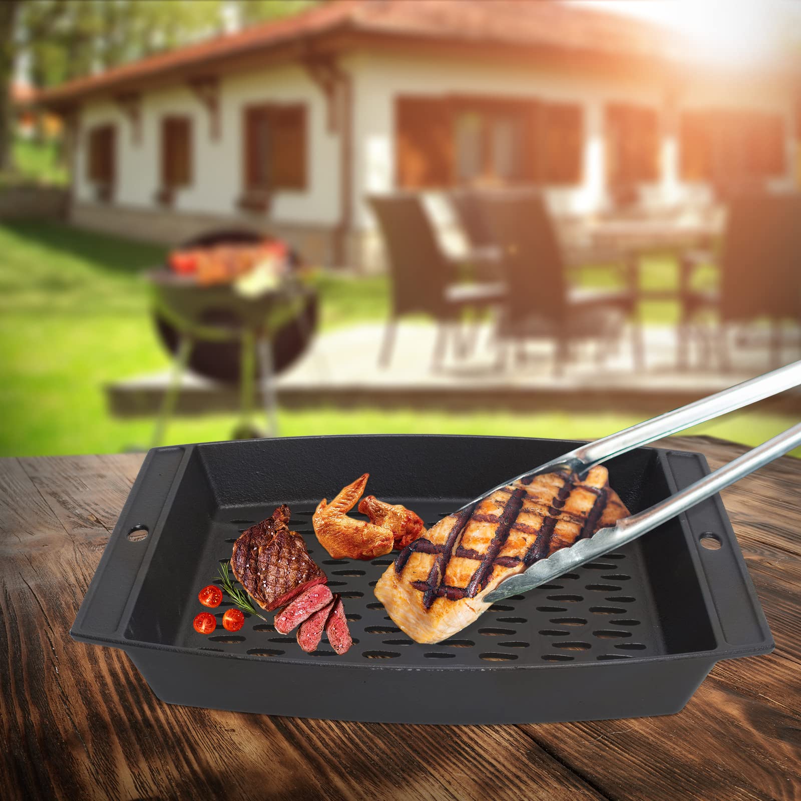 38.1x30.5 cm Gusseisen-Grillaufsatz für Outdoor-Grill, Fisch-Gemüse-Grillkorb, BBQ Grillpfannen Tablett für Weber, Char-Broil, Royal Gourmet und die meisten Holzkohle-Räucher- und Gasgrills