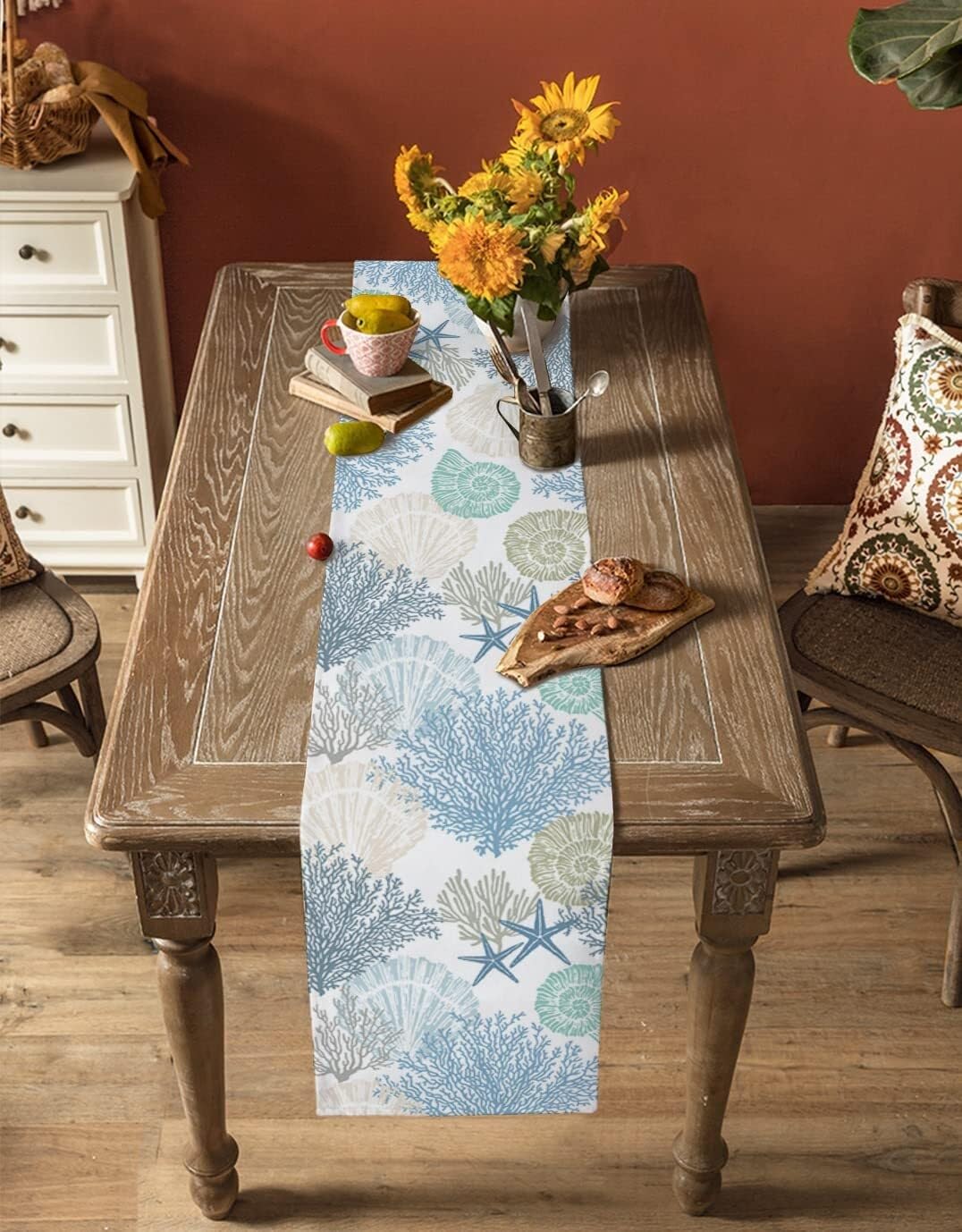 Chemin de Table en Coton et Lin Bleu Corail 13"x60" - Parfait for Une décoration sur Le thème de la Plage en été(Texturelif8331,13x90 inch)