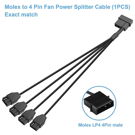 Molex to 4 Pin Fan Cable 30cm 12V Full Speed PC Fan Power Distribution 4 Pin Adapter for ATX Power Supply Case Cooling (1 to 4)