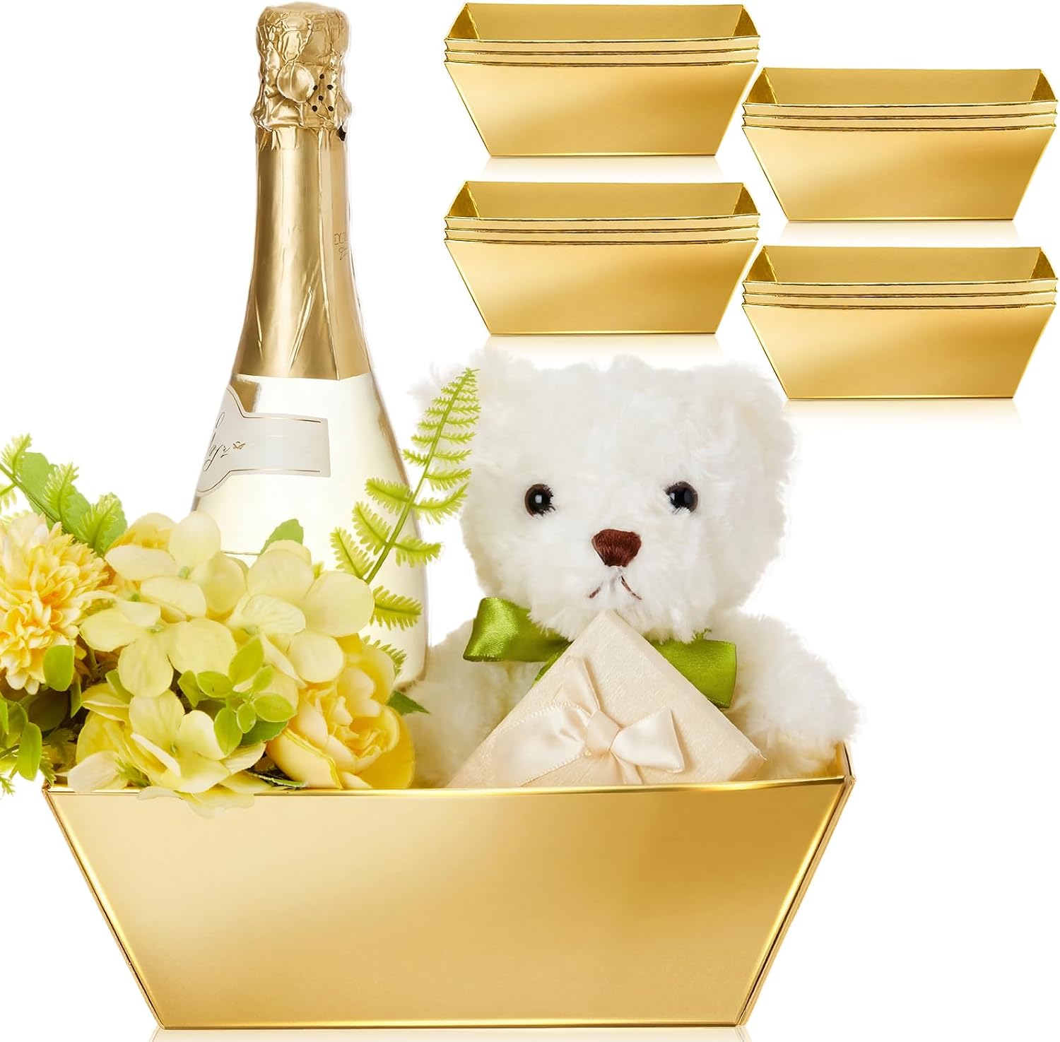 Potchen 12 Pcs Baskets for Gifts Empty Bulk 9.8 x 6.5 x 3.5 Kraft Gifts Baskets with Handle DIY Holiday's Market Trays for Wedding Anniversary Mother's Day Graduation Birthday Gift(Gold,Classical)