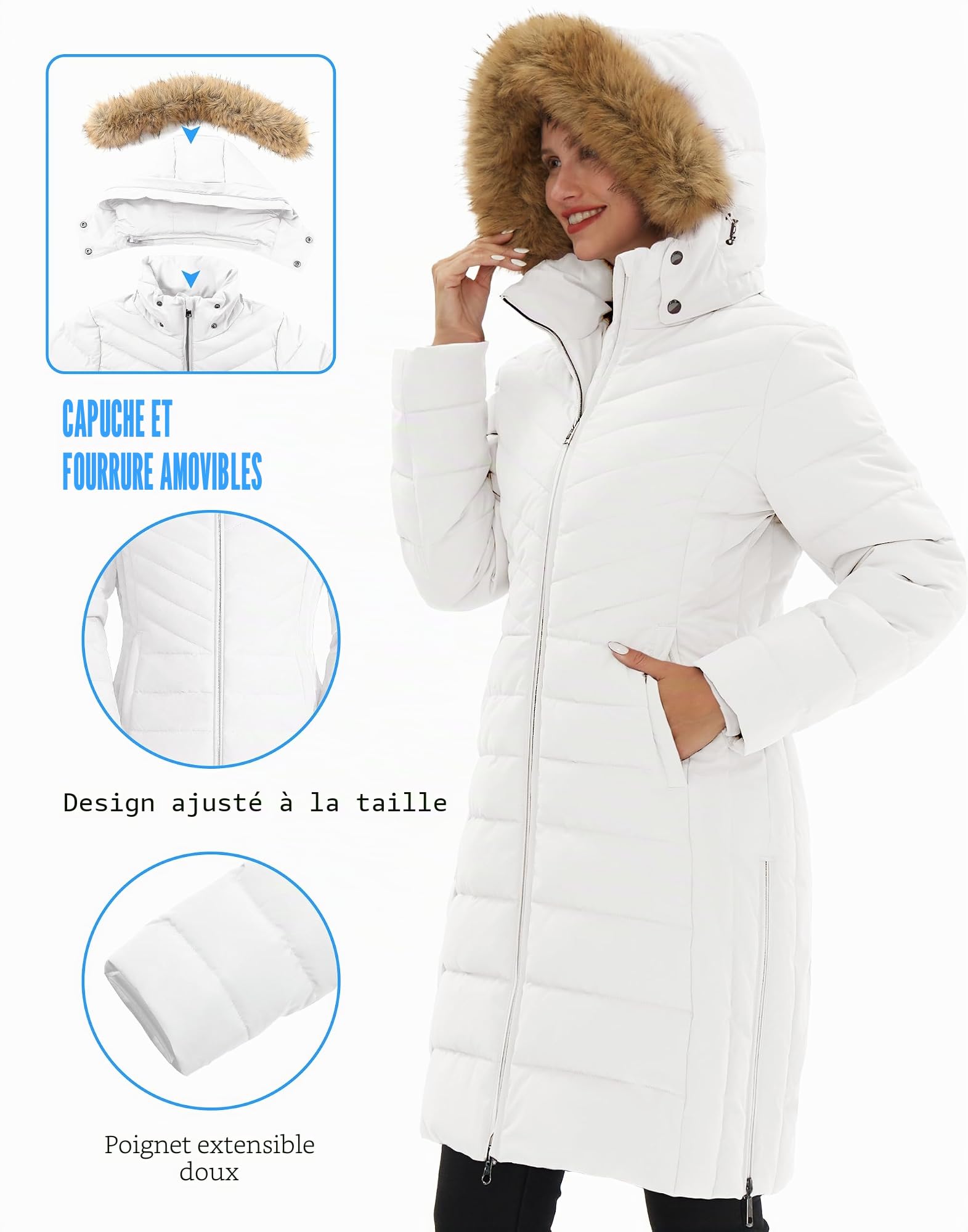 Pioneer Camp Manteau Femme Hiver Chaud avec Capuche Coupe-vent Imperméable Doudoune Longue Veste MatelasséE 2 Zippée Rembourré Manteaux Fermetures Éclair Latérales Parka