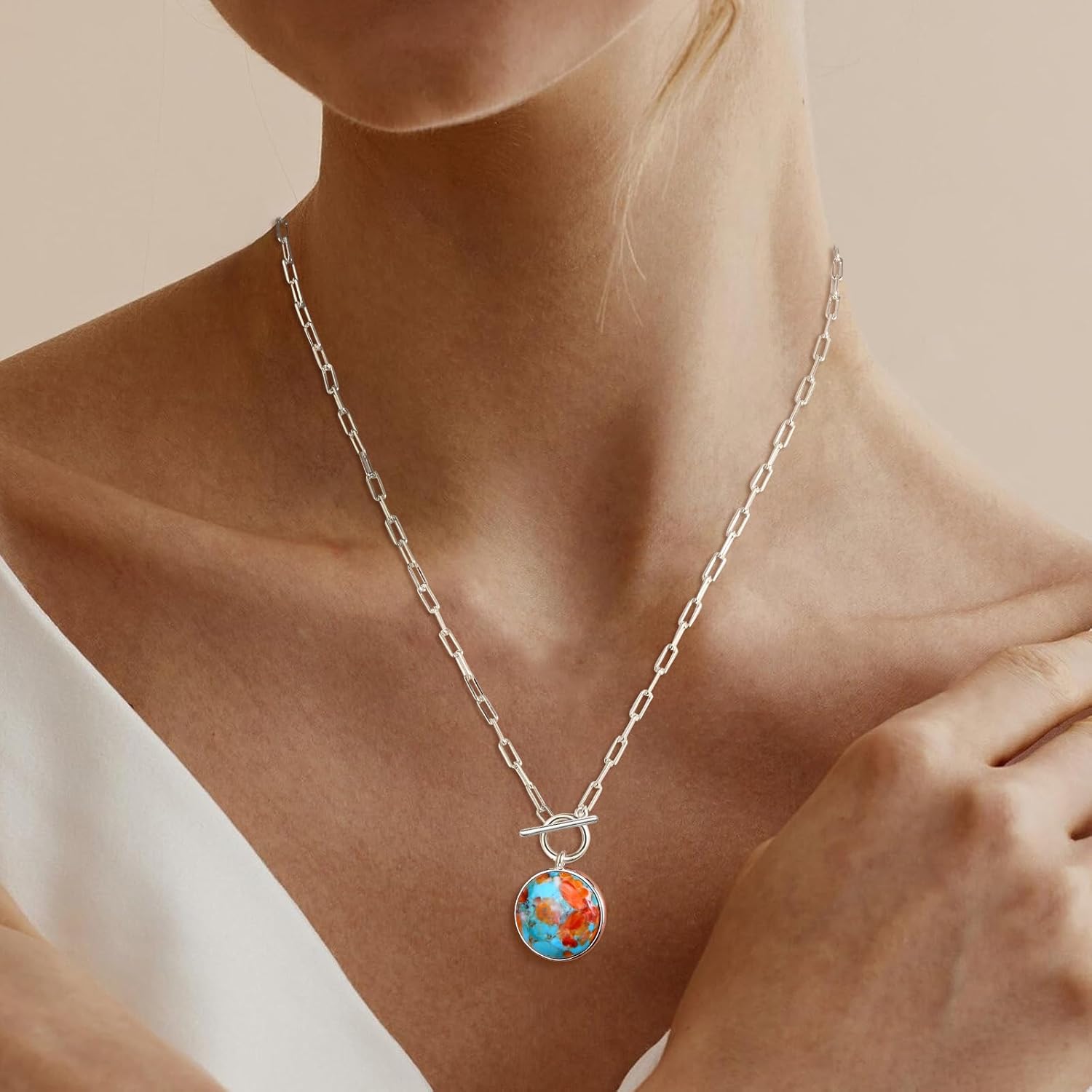 AIBAO Natural Turquoise/Coral/Lapis Lazuli/Malachite Necklaces for Women Sterling Silver Gemstone Toggle Necklace Western Boho Jewelry - Image 3