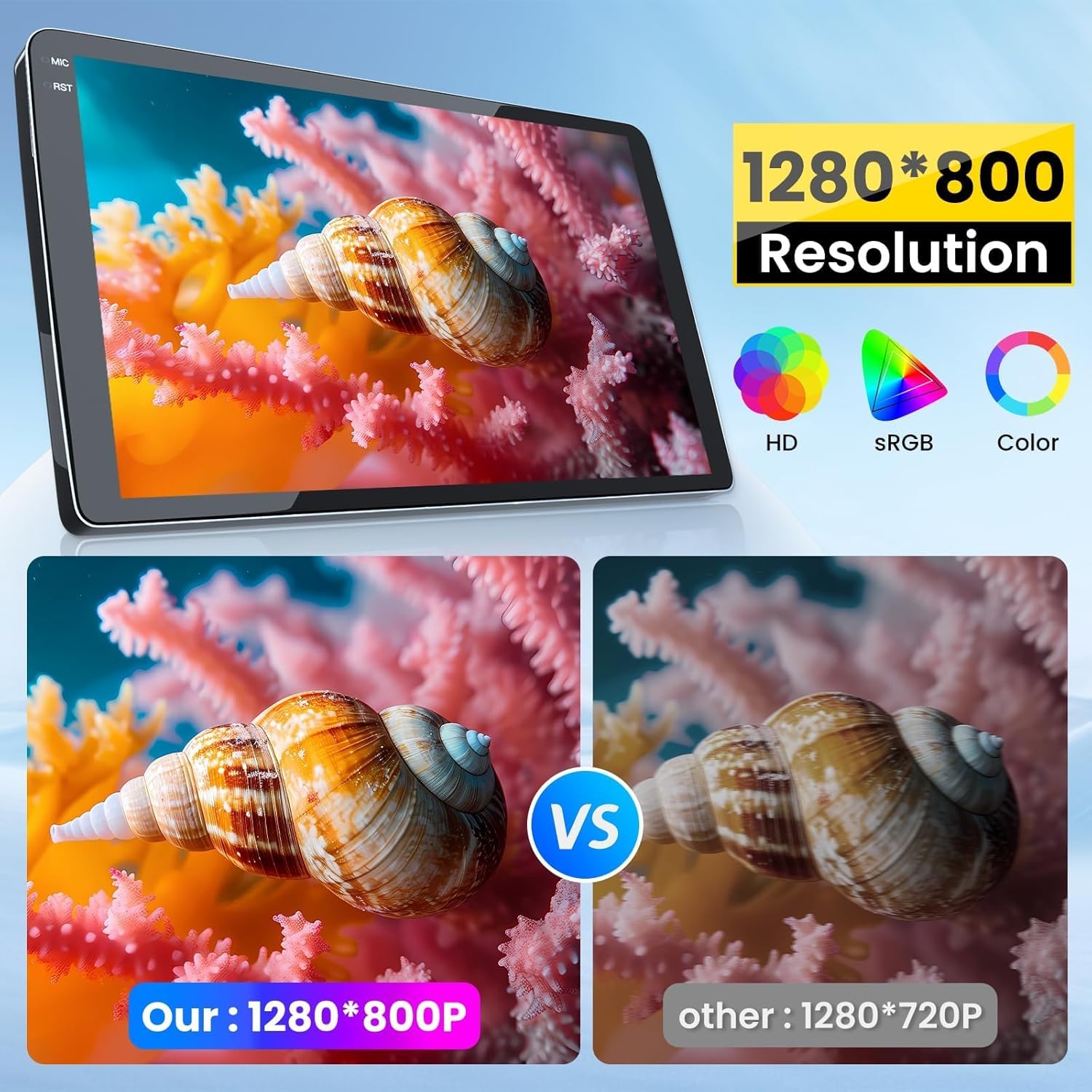 Image comparing the 1280x800 resolution of 'Our' product with 'other' 1280x720P products, showing a clearer image of a seashell on coral for the higher resolution.