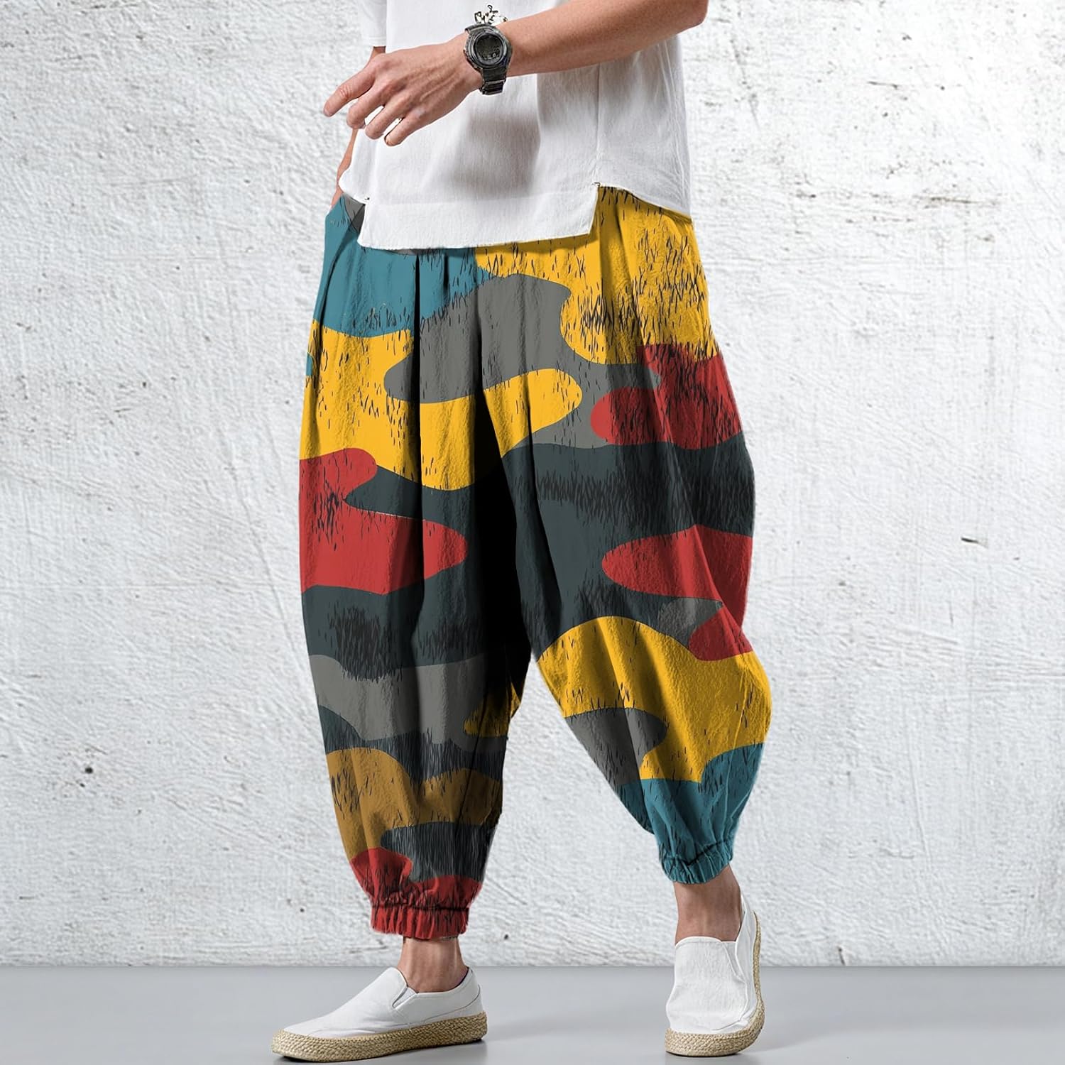 Mens Harem Pants Vintage Printted Wide Leg Lounge Trouser Plus Size Baggy Yoga Pant with Pockets Vacation Work - Image 2