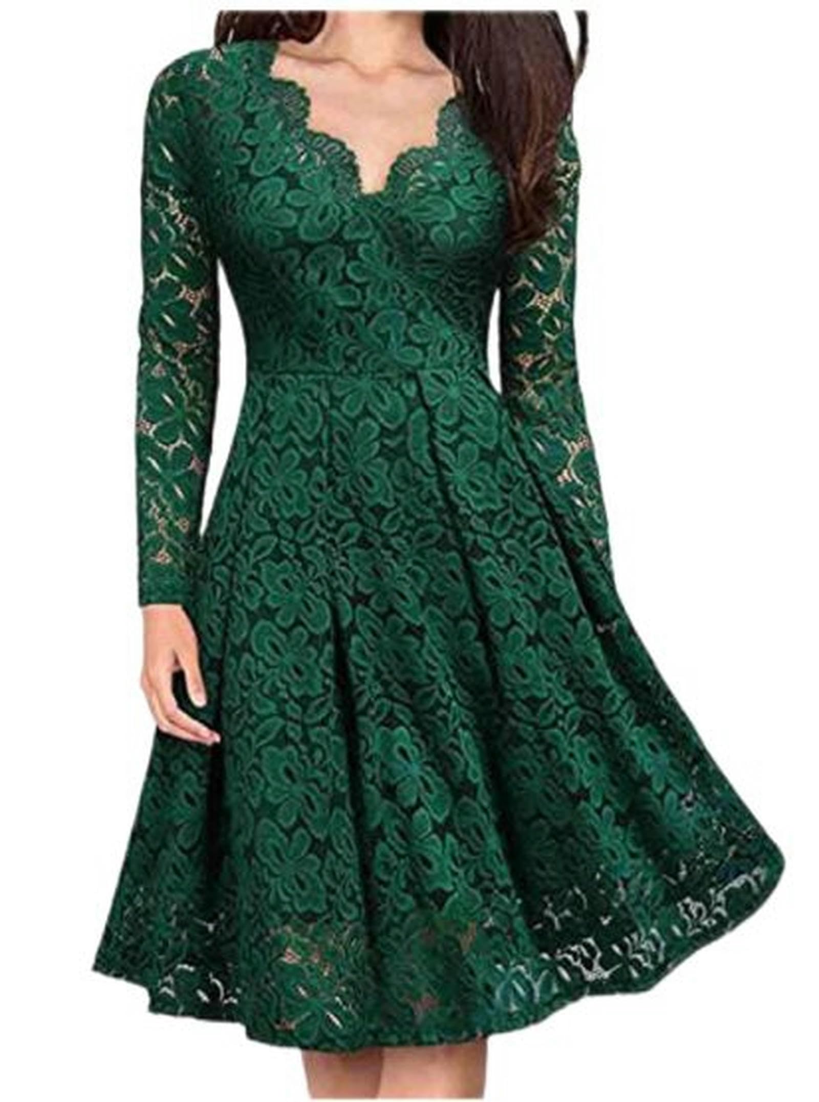 WEITING Schlankes und Elegantes, langärmeliges Party-Cocktail-Partykleid aus Spitze mit V-Ausschnitt für Damen – Grün – L