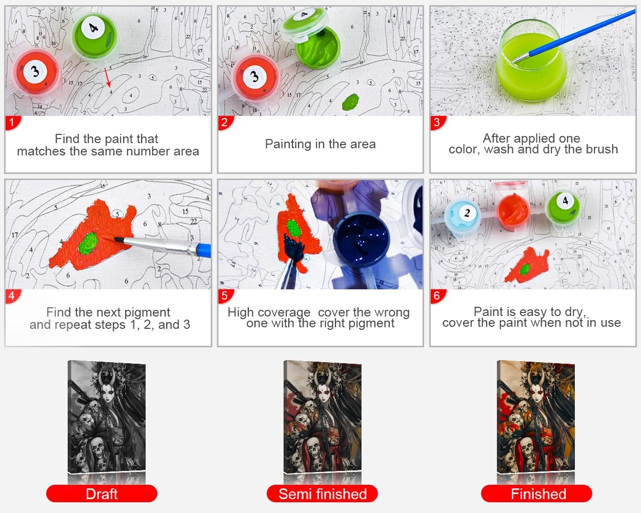 Rebotipy Paint by Numbers Kits for Adults Skull and Girl Paint by Numbers Anime Style Female Warrior Painting Artwork Cool Girl Painting Crafts Kits with Brushes Canvas Wall Art 16x20 (Framework)