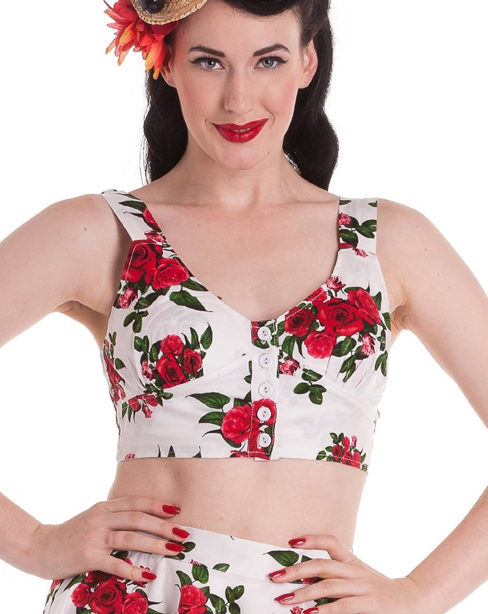 Cannes Red Rose Print White Crop Top by Hell Bunny