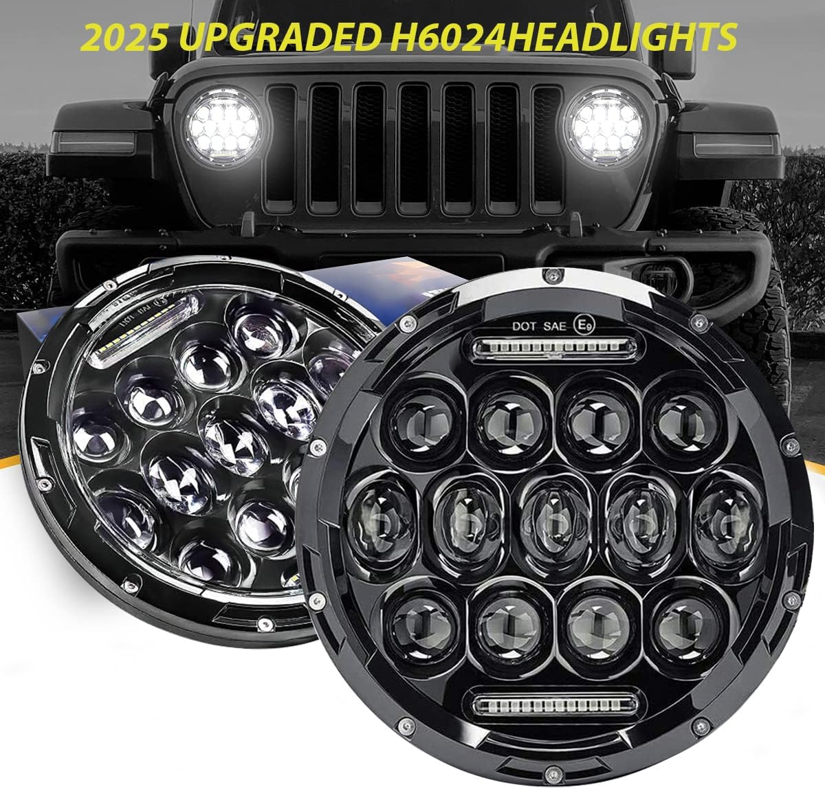 2PCS H6024 7Inch LED Headlight Round Compatible with Jeep Wrangler JK JKU CJ TJ LJ Chevy S2 Miata Ford Dodge GMC Mazda Miata Nissan Mack VW AM General Hummer H1 H2 Land Rover Defender
