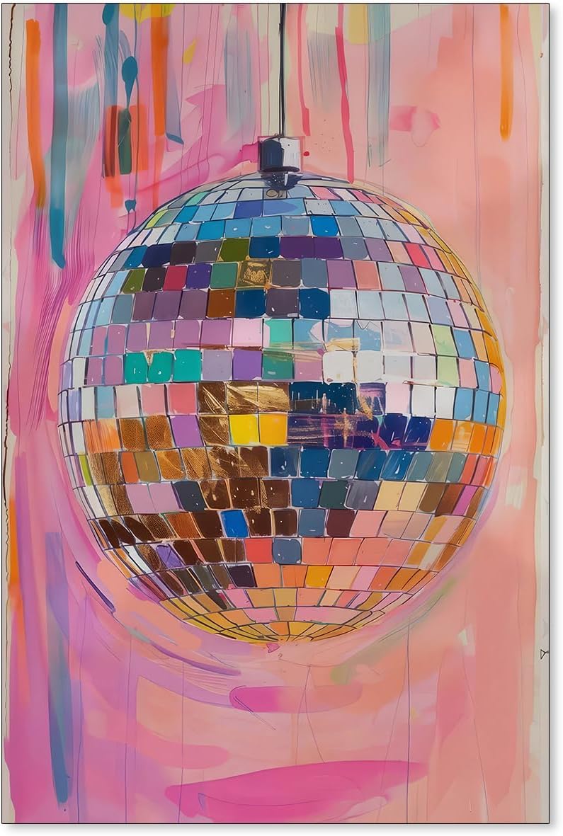 Sufeasdf Retro Pink Disco Ball Posters Cool Y2k Aesthetic Canvas Wall Art Fashion Pink and Orange Disco Ball Painting Prints for Girly Wall Decor 24x36 inch Unframed