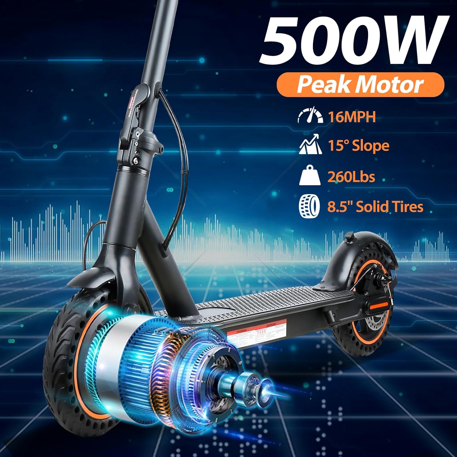 Fast Electric Scooters,Portable Folding Commuter E Scooter,19Mph Speed & 21 Miles Long Range E Scooter w/Double Braking System & App Control, 500W Motor, 8.5" Solid Tires Electric Scooter for Adults