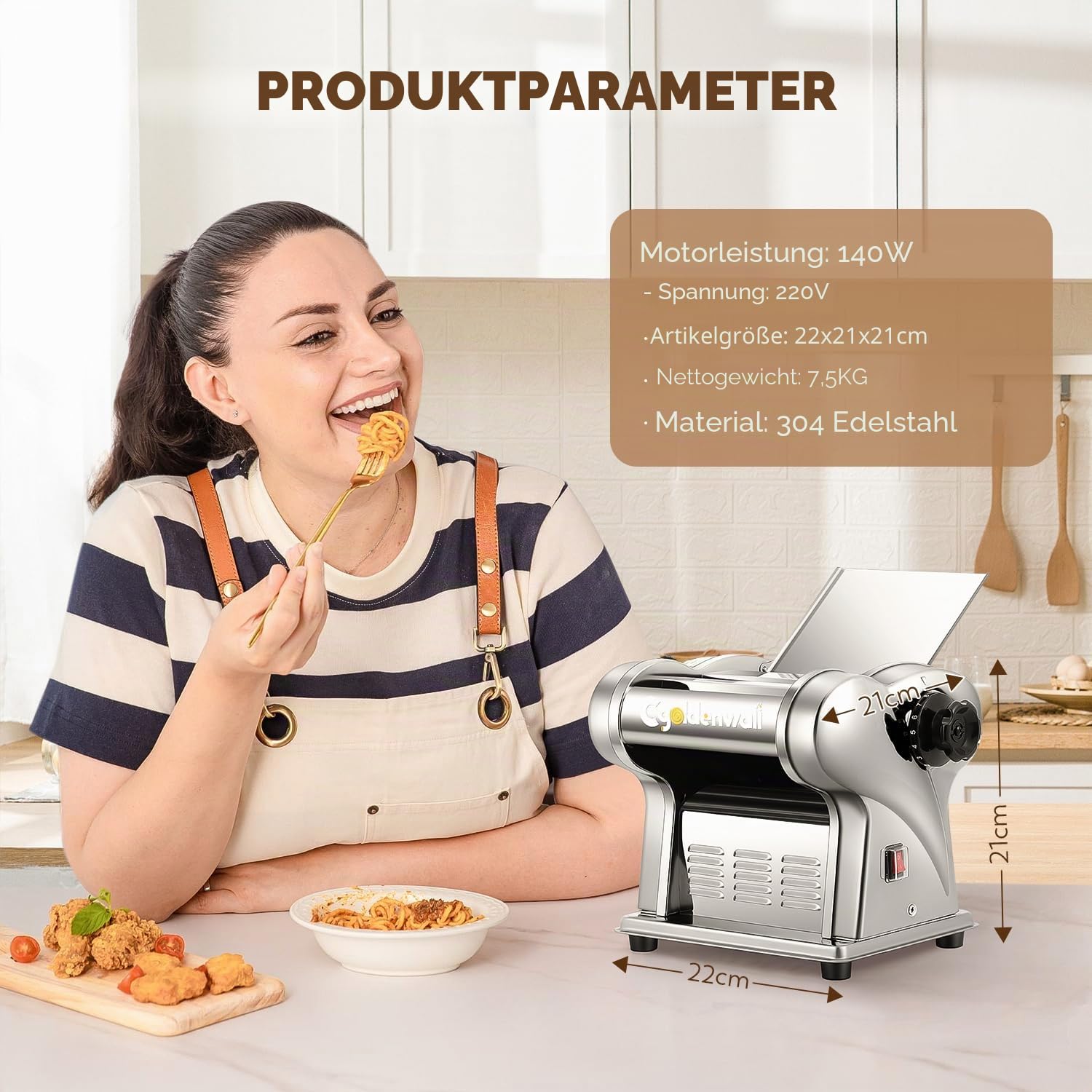 CGOLDENWALL Elektrische Nudelmaschine 140W Edelstahl Pasta Maker 2 Klingen 1,5 mm/4 mm 9 Einstellbare Stärken 0,3-3 mm