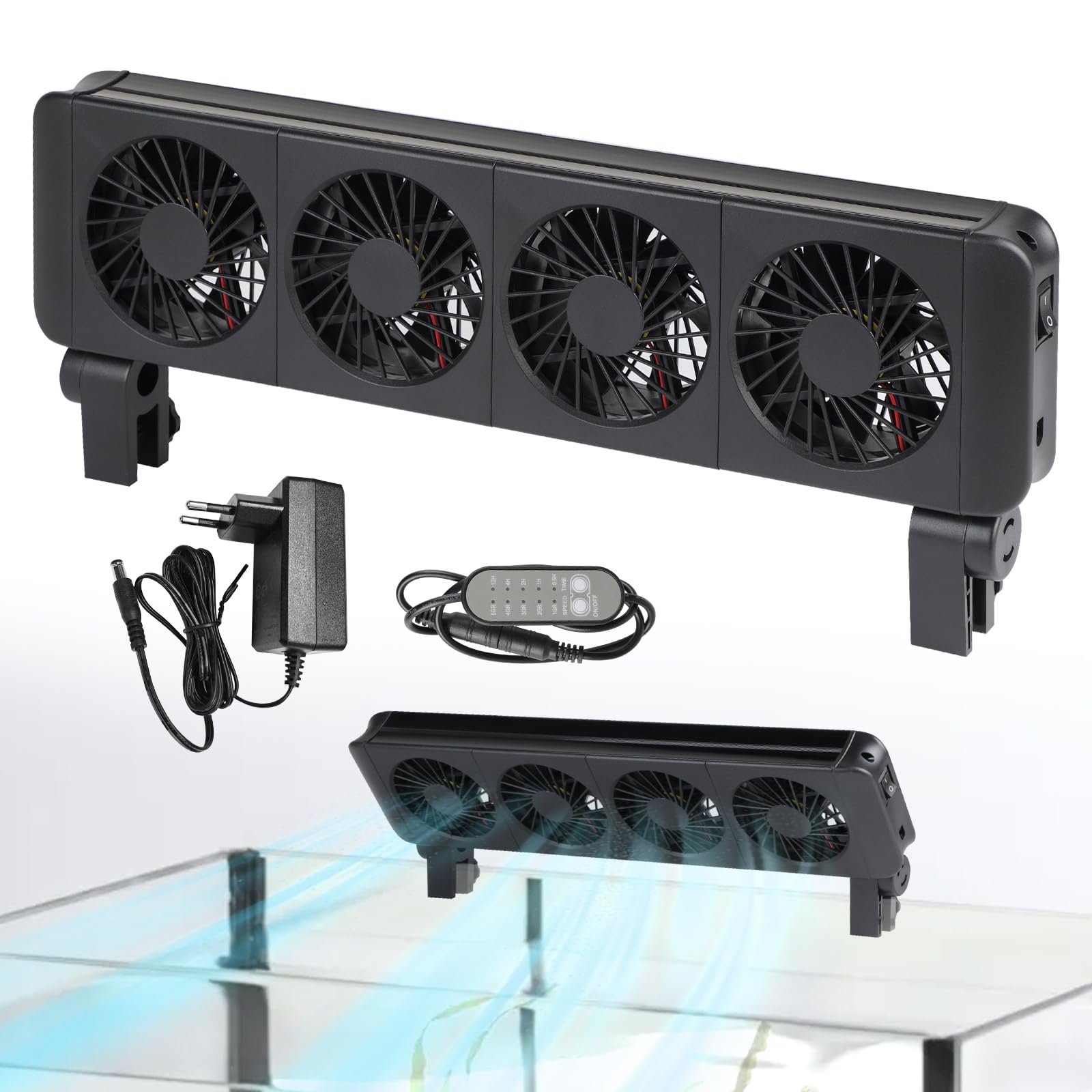 efuturetime Aquarium Lüfter 12W, 5 Regelbare Geschwindigkeiten, Geräuscharm, Klemm Aquarium Kühler mit Timer für 70cm Aquarium, 4 Lüfter