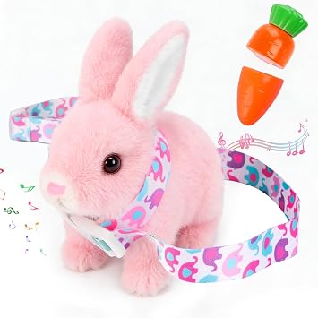 Hopping Bunny with Carrot Interactive Electronic Pet Plush Bunny Toy with Sounds and Movements Animated Walking Wiggle Ears Twitch Nose Gift for Toddlers Birthday Easter Pink