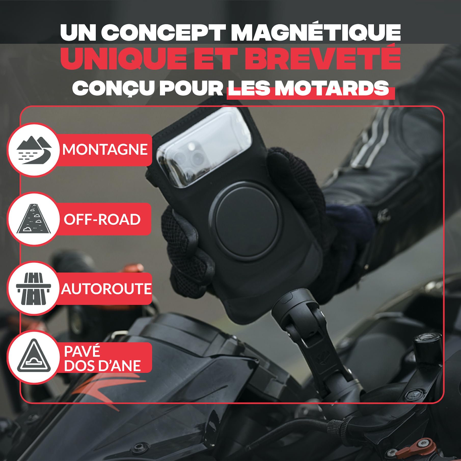 Shapeheart Support Téléphone Magnétique Moto - Fixation Vissée Guidon de 22 à 32 mm - Pochette Étanche XL Tactile - Bras Articulé Orientable 360 - Anti-Vibrations - Housse Imperméable Amovible