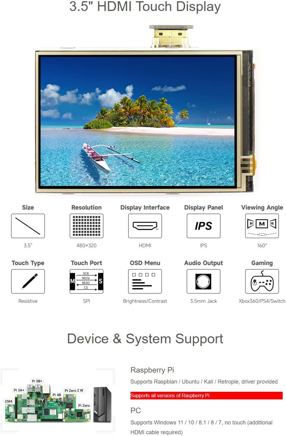Waveshare 3.5inch Resistive Touch Screen LCD, Compatible with Raspberry Pi 5/4B/3B/Zero/Zero W/Zero 2W/Pico/Pico W/Pico WH, 480×320, HDMI, IPS, Supports Windows 11/10 / 8.1/8 / 7