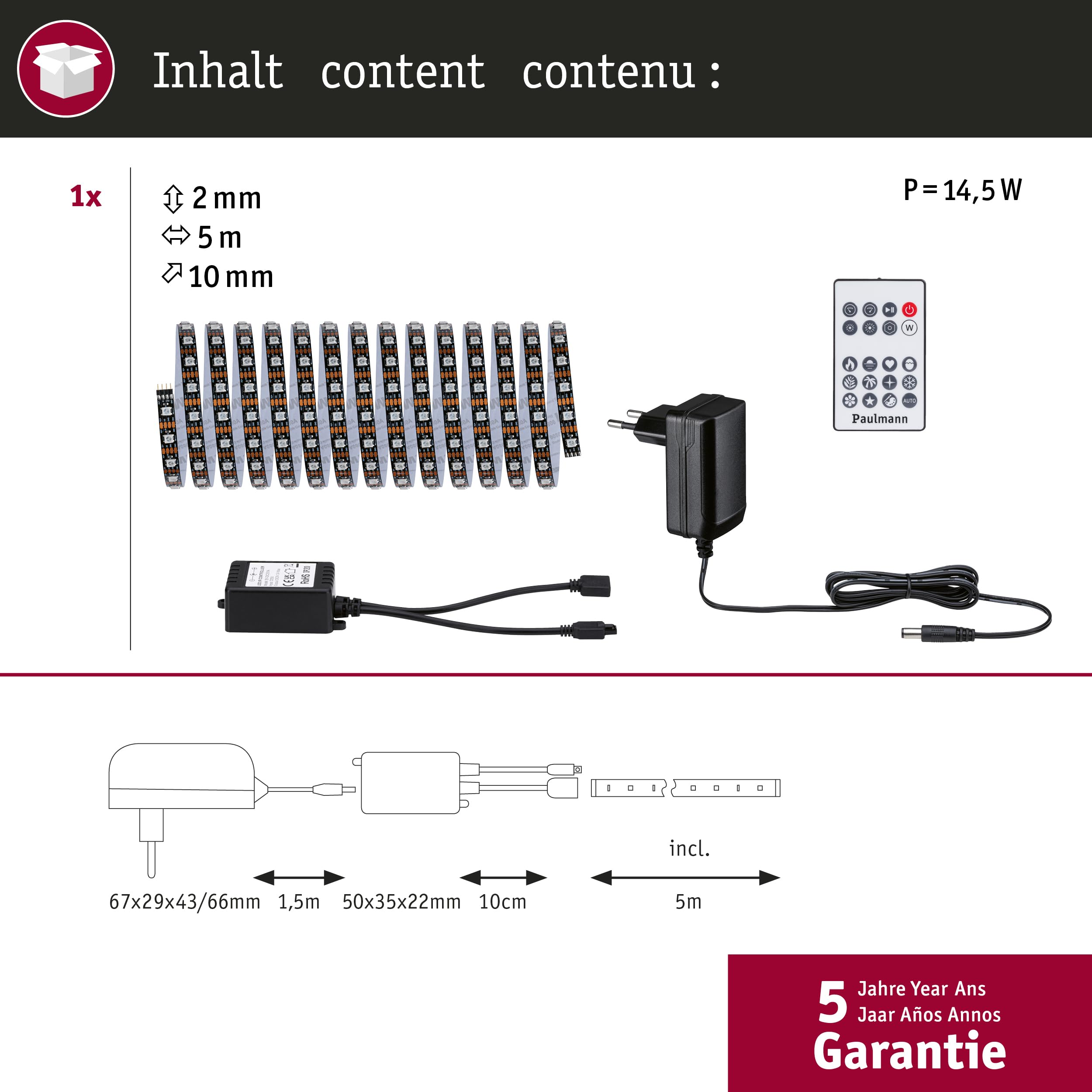 Paulmann 78888 Strip LED Dynamic Set 5m Dynamic Rainbow RGB IP20 12V CC incl. 1x10,5W, regulable, tira de luces, blanco, plástico