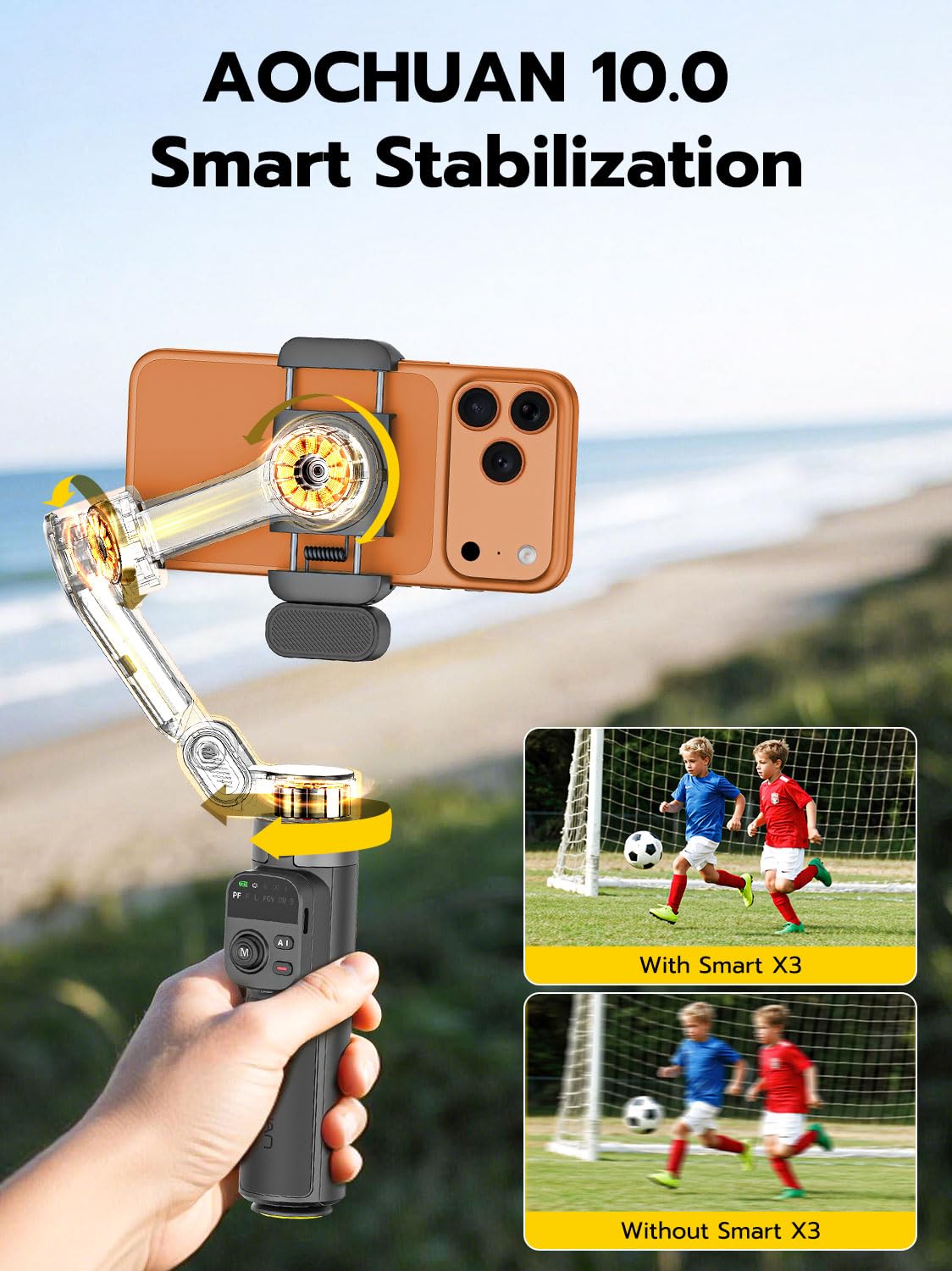 AOCHUAN Stabilizzatore cardanico per iPhone, modulo di tracciamento AI e luce di riempimento, 3 assi con telecomando magnetico, un clic rilascio del treppiede, asta di prolunga integrata, Smart X3 AI