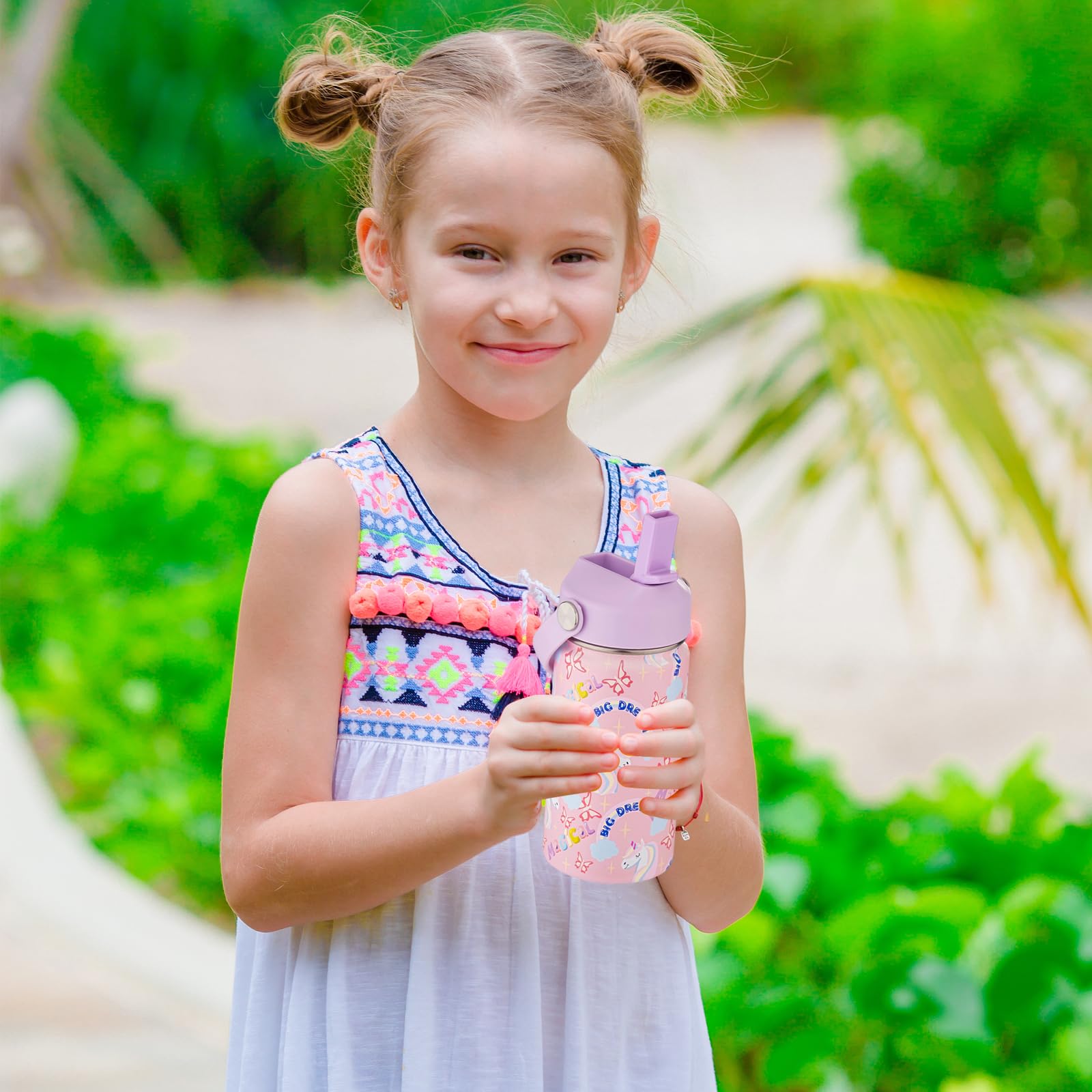 Kinder-Wasserflasche mit Strohhalm-Deckel, 340 ml, isolierter Edelstahl-Thermobecher, auslaufsicher, breite Öffnung, Sportflasche, hält 12 Stunden kalt und 6 Stunden heiß, für Fitnessstudio, Büro