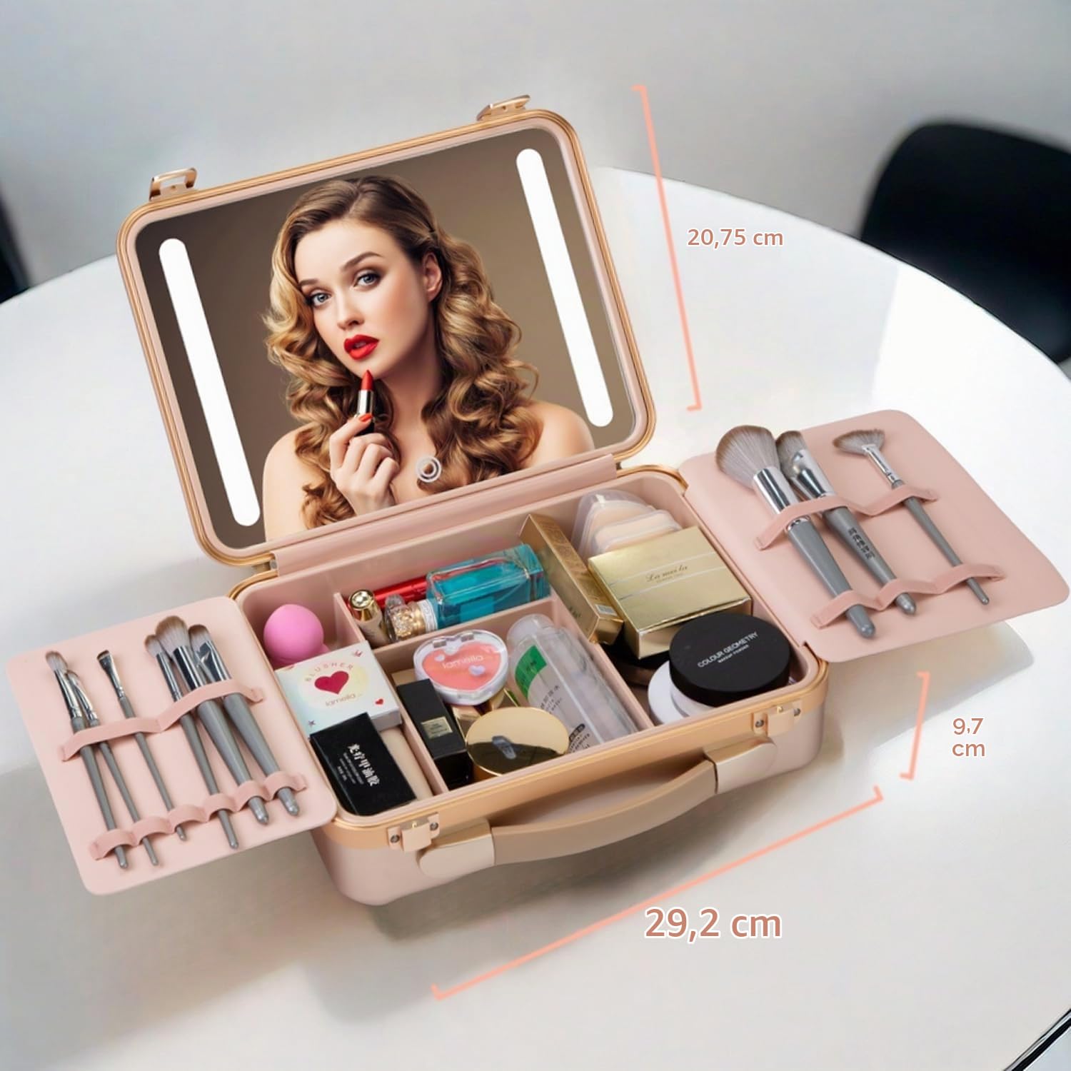 Trousse de Maquillage de Voyage avec Miroir éclairé, 3 Couleurs, Organisateur de cosmétiques, luminosité réglable, boîte de Rangement Portable pour pinceaux de