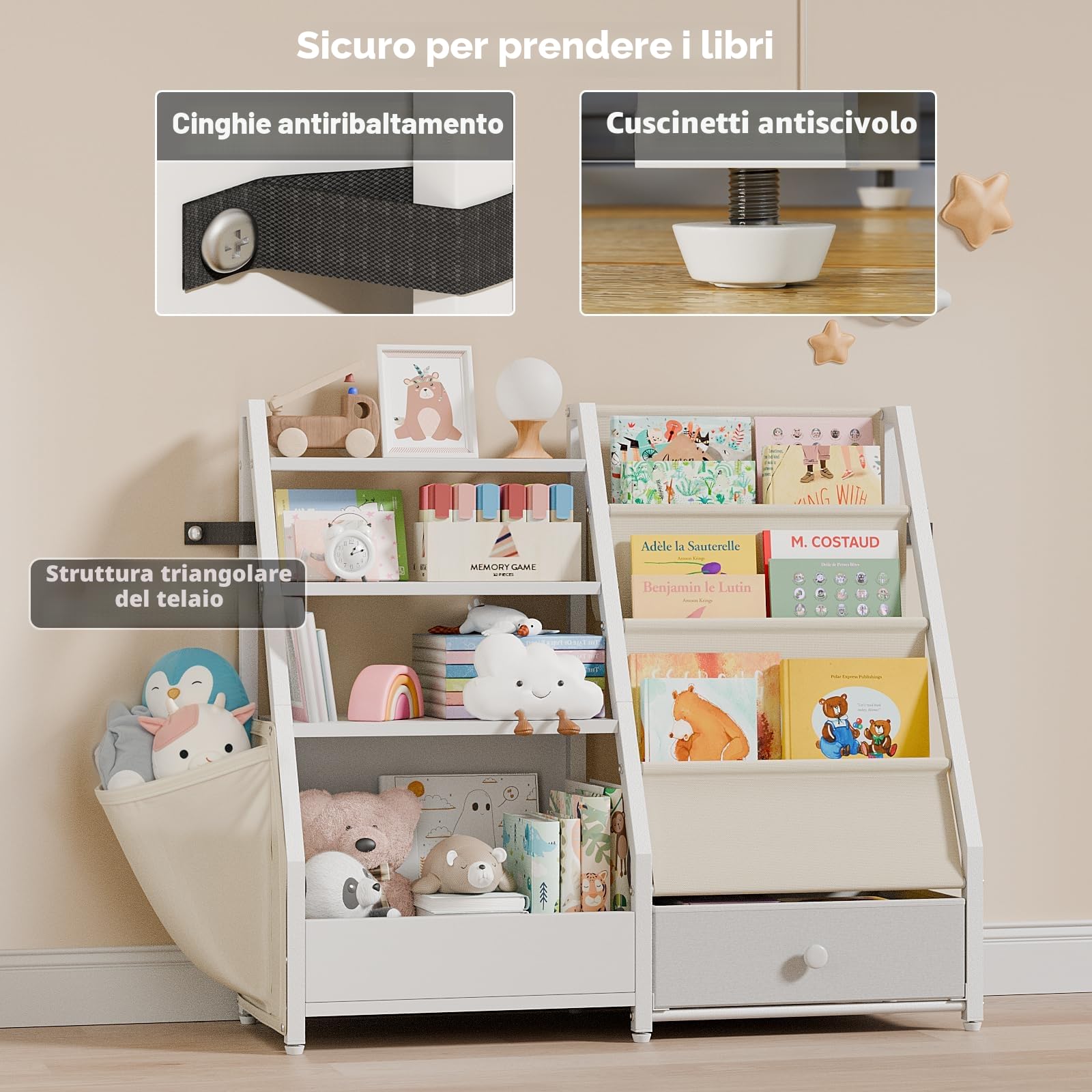 HAVLOTII Libreria Montessori per Bambini, Porta Libri e Organizer di Giocattoli per Cameretta, Bianco