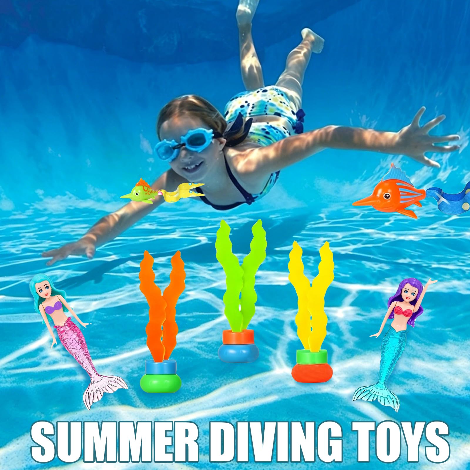YOUYIKE 30 Pezzi Giocattolo Subacqueo per Bambini, Giocattolo Piscina Sirena con Diamanti Colorati con Scrigno, Alghe, Sirene, Braccialetto per Feste in Piscina, Giochi in Spiaggia, Cacce al Tesoro