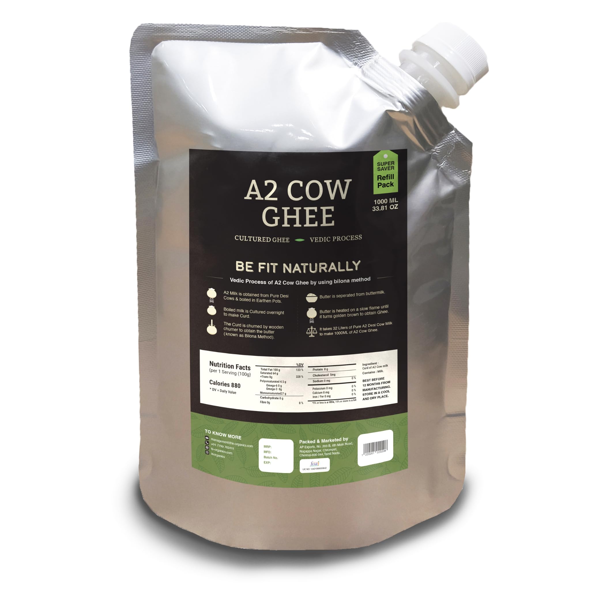 LeOrganics A2 Cow Ghee - 1 Liter Refill Pouch Pack | 5000 year old Vedic Bilona Method | Malai Madu Cow - Rarest Cow Breed | Free Grazing Cows | GMO FREE | Curd - Churned | Lab Certified