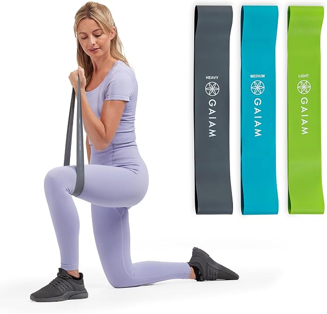 Gaiam Restore Mini Band Kit, Set of 3, Light, Medium, Heavy Lower Body Loop Resistance Bands for Legs and Booty Exercises & Workouts, 12" x 2" Bands