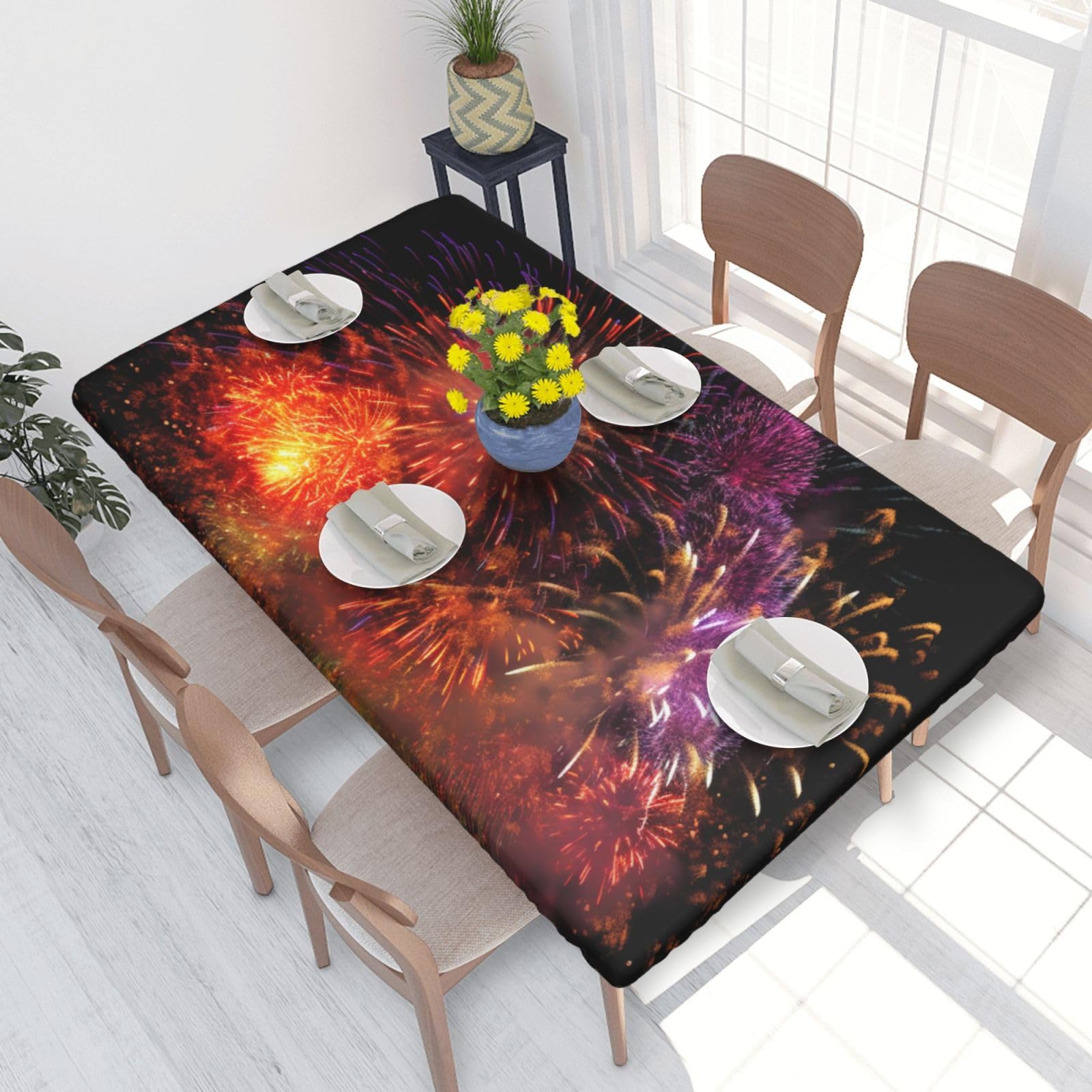 WPKJU Explosion Firework 3D Printed Tablecloths 4ft Rectangular Table Covers Washable Polyester Decorative Table Cloth for Dining Table Picnic Wedding