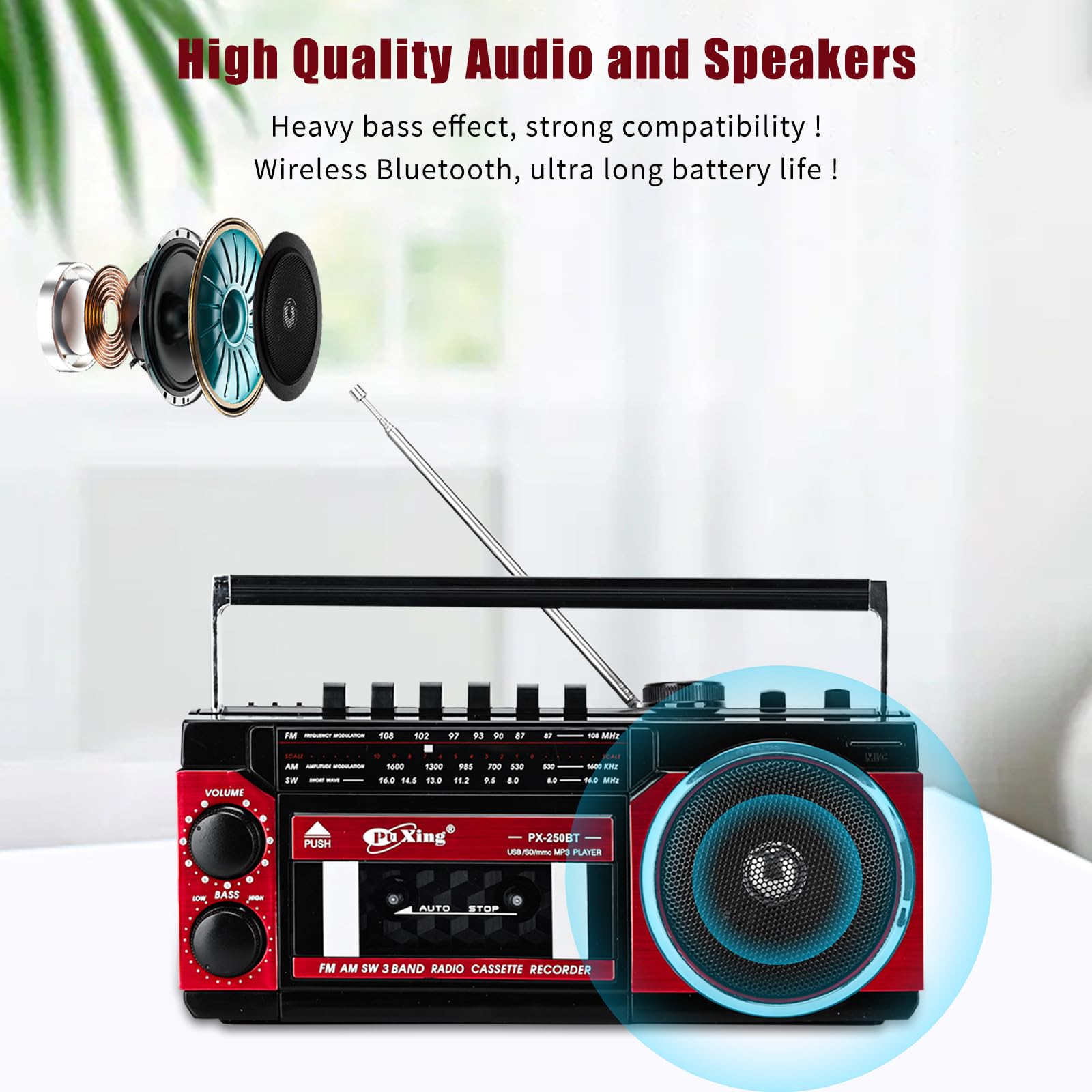 Lecteur de cassette, lecteur de cassettes portable, supporte la bande de fréquence FM/AM/SW, magnétophone, compatible avec cassette/Bluetooth/insertion de carte/enregistrement, fonctionne avec piles