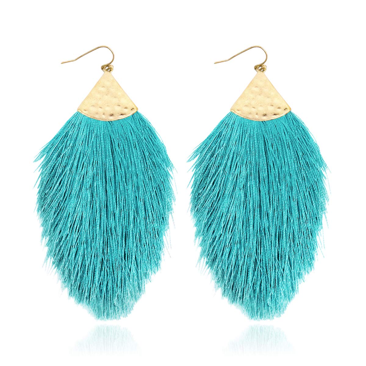 Bohemian Silky Thread Fan Fringe Tassel Statement Earrings - Lightweight Strand Feather Shape Dangles