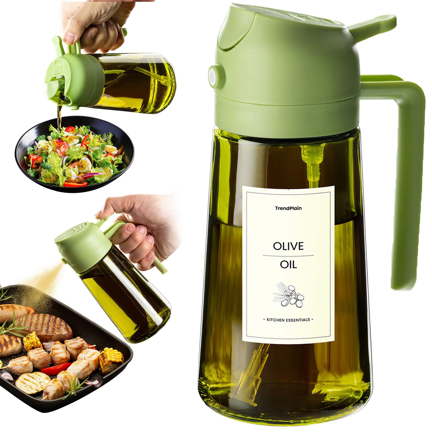 TrendPlain - Original 16oz/470ml Olive Oil Dispenser Bottle for Kitchen Gadgets and Air Fryer Accessories - Olive Oil Sprayer for Cooking w/Stickers - Green