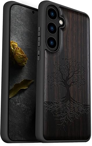 Carveit - Funda de madera para Galaxy S24 - Madera natural y TPU negro suave a prueba de golpes - Diseño de madera único compatible con Samsung S24