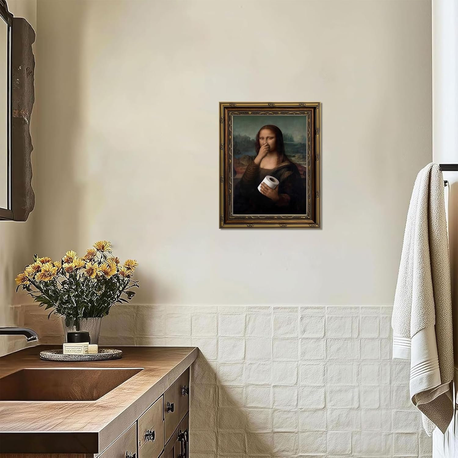 Framed Funny Mona Lisa Bathroom Wall Art Funny Bathroom Wall Art Vintage Mona Lisa Holding Toilet Paper Poster Framed Vintage Painting Pictures Artwork Canvas Prints for Restroom Toilet 16x24in