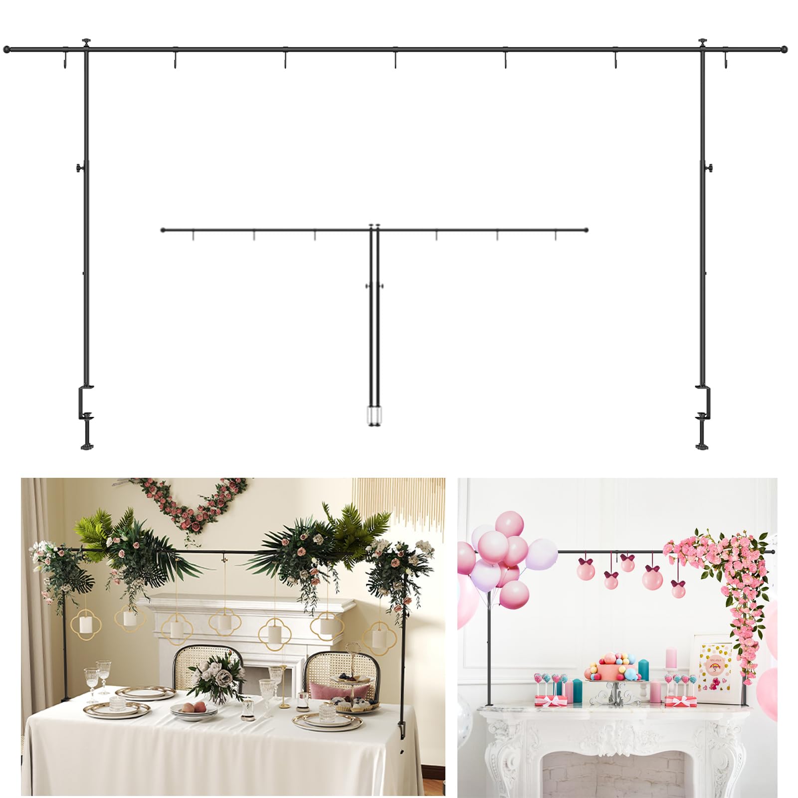 tonchean Barre de suspension de table avec pinces - Longueur jusqu'à 248 cm, hauteur 74-103 cm, barre de présentation de table, support de serrage en métal noir pour décorations, mariage, anniversaire