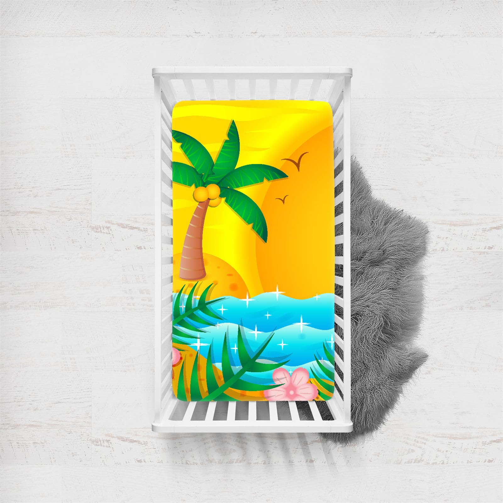 Odot Cot Bed Fitted Sheets, Sea View Cartoon Style Moses Basket Fitted Sheet Crib Fitted Sheets Soft Baby Bed Sheets Bassinet Sheets Cot Bed Mattress Protector (Coconut Tree,75x33cm)