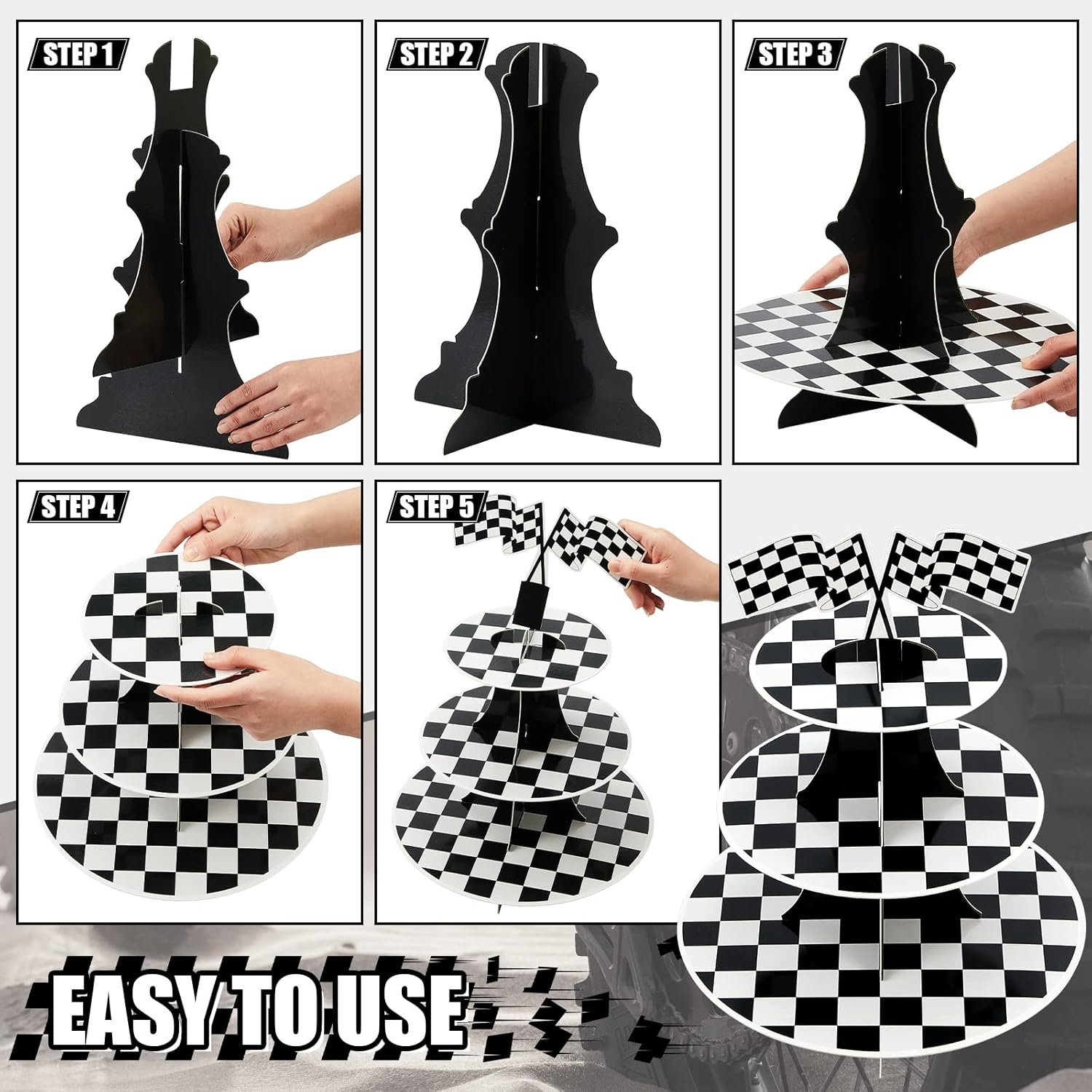 Tessco for you 3 Sets 3 Tier Round Race Car Cardboard Cupcake Stand with 100 Set Checkered Baking Cups Liners Flag Race Car Party Decorations for Cars Birthday Black and White Fast Party Supplies