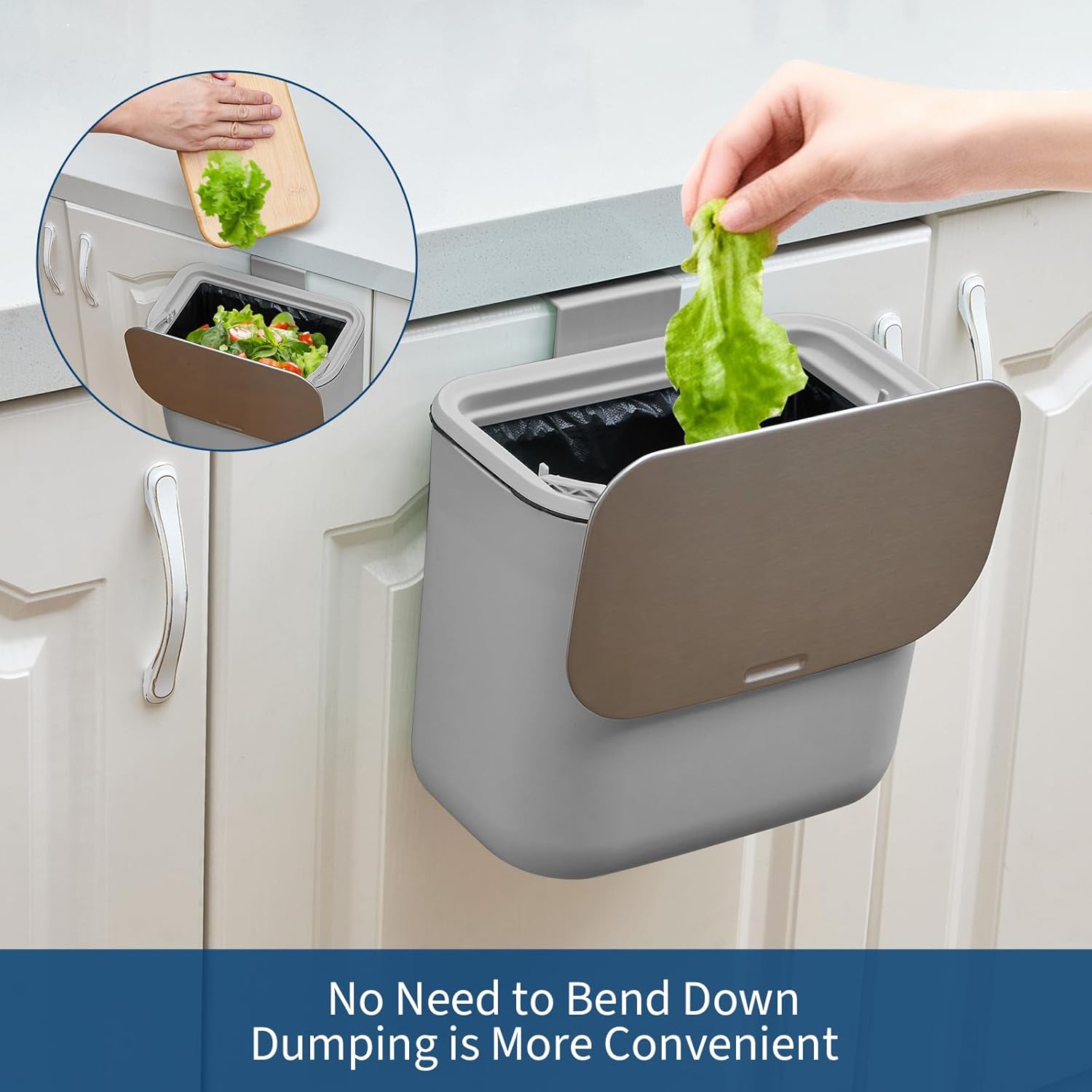 Hanging Kitchen Trash Can with Lid - 1.8 Gallon Small Compost Bin for Cabinet Door, Under Sink - Odor-Sealing Stainless Steel Top Food Waste Bin for RV, Bathroom, Office - Indoor Recycling Bin