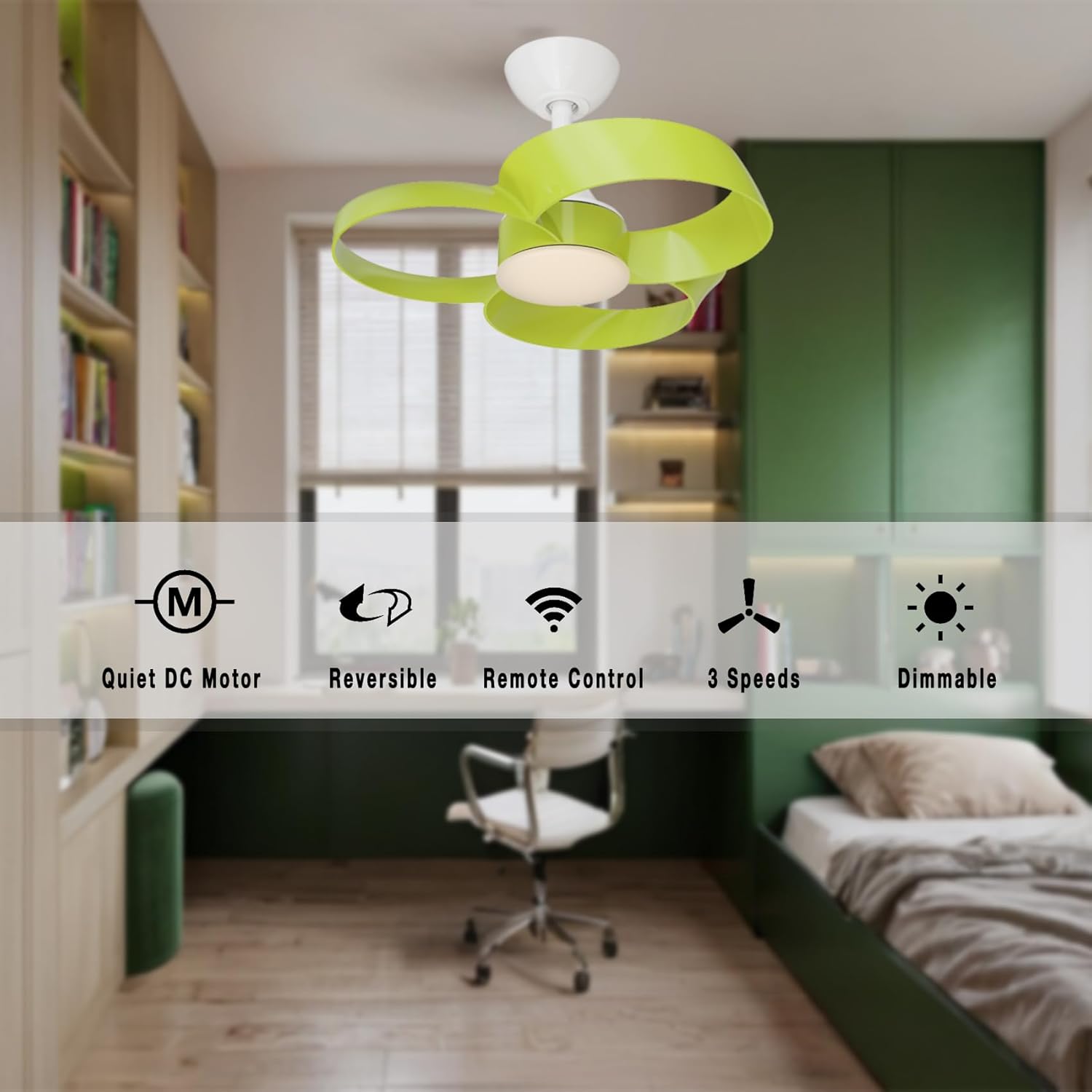 FANX 22 Inch Ceiling Fan with Light and Remote, Quiet DC Motor, Dimmable LED, Reversible 3-Speed Control, Easy Installation Flush Mount Fan for Small Rooms (Green)