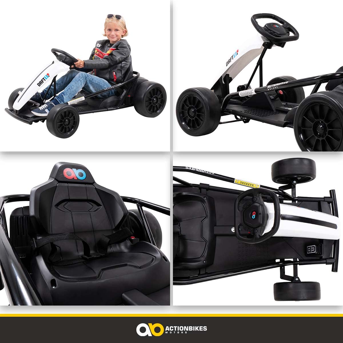 Actionbikes Motors Kinder Elektroauto SX1968 | Bis 𝟏𝟑 km/h - Elektrofahrzeuge - Kinderauto elektrisch - GoKart - Drift Auto - Drift Cart - Drift Kart - Go Cart - Auto für Kinder ab 3 Jahre (Weiß)