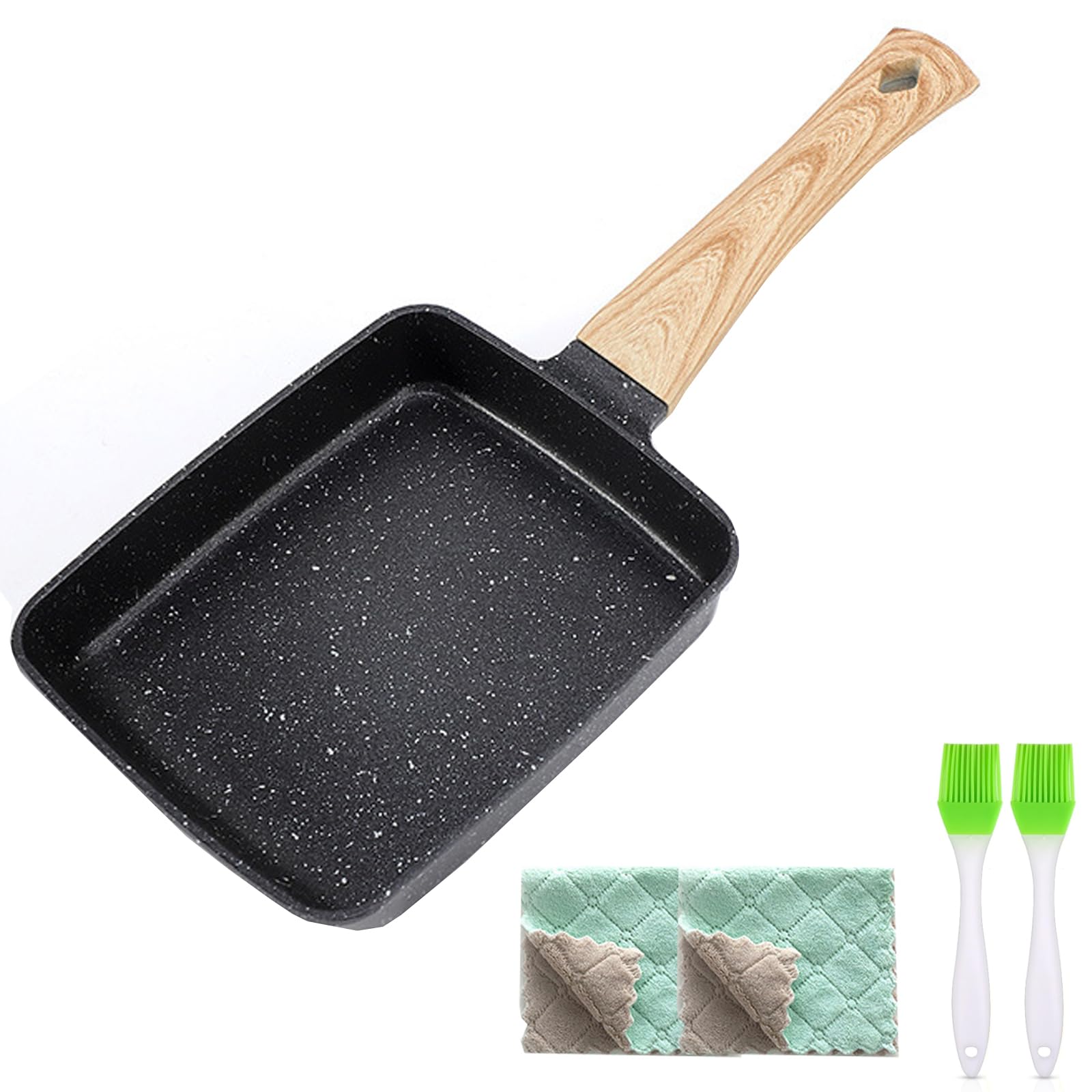 IS MUHE Japan-Style Square Omelet Pans - Nonstick Pan, Rectangle Egg Frying Pan, Omelet Pan, Wooden Handle, PFOS & PFOA Free (18x15cm) (BLACK)