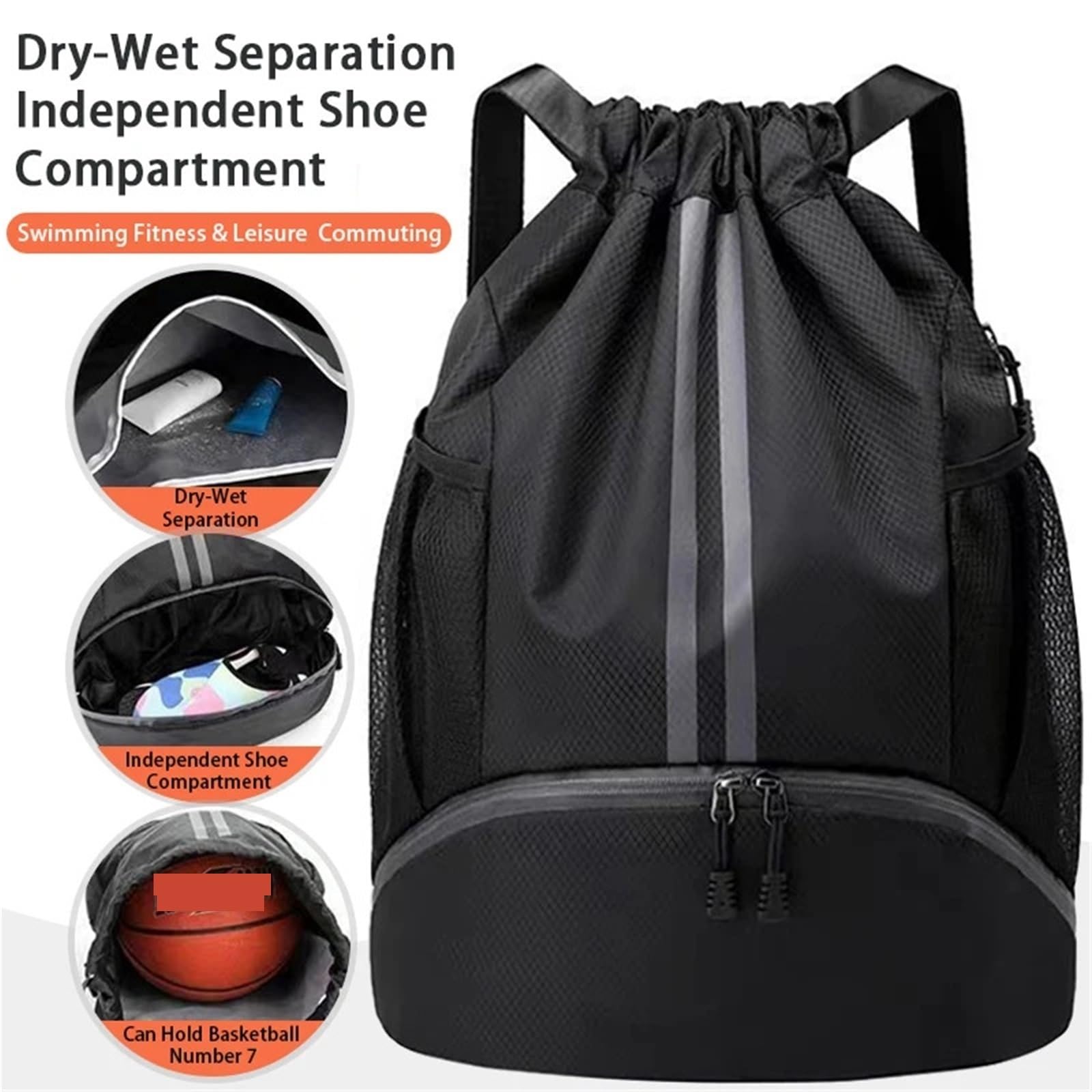 Rucksack mit Kordelzug Sportrucksack mit Kordelzug, Basketball-Rucksack for Damen und Herren, Schwimm-Sporttasche Schuhfach nassfester Tasche