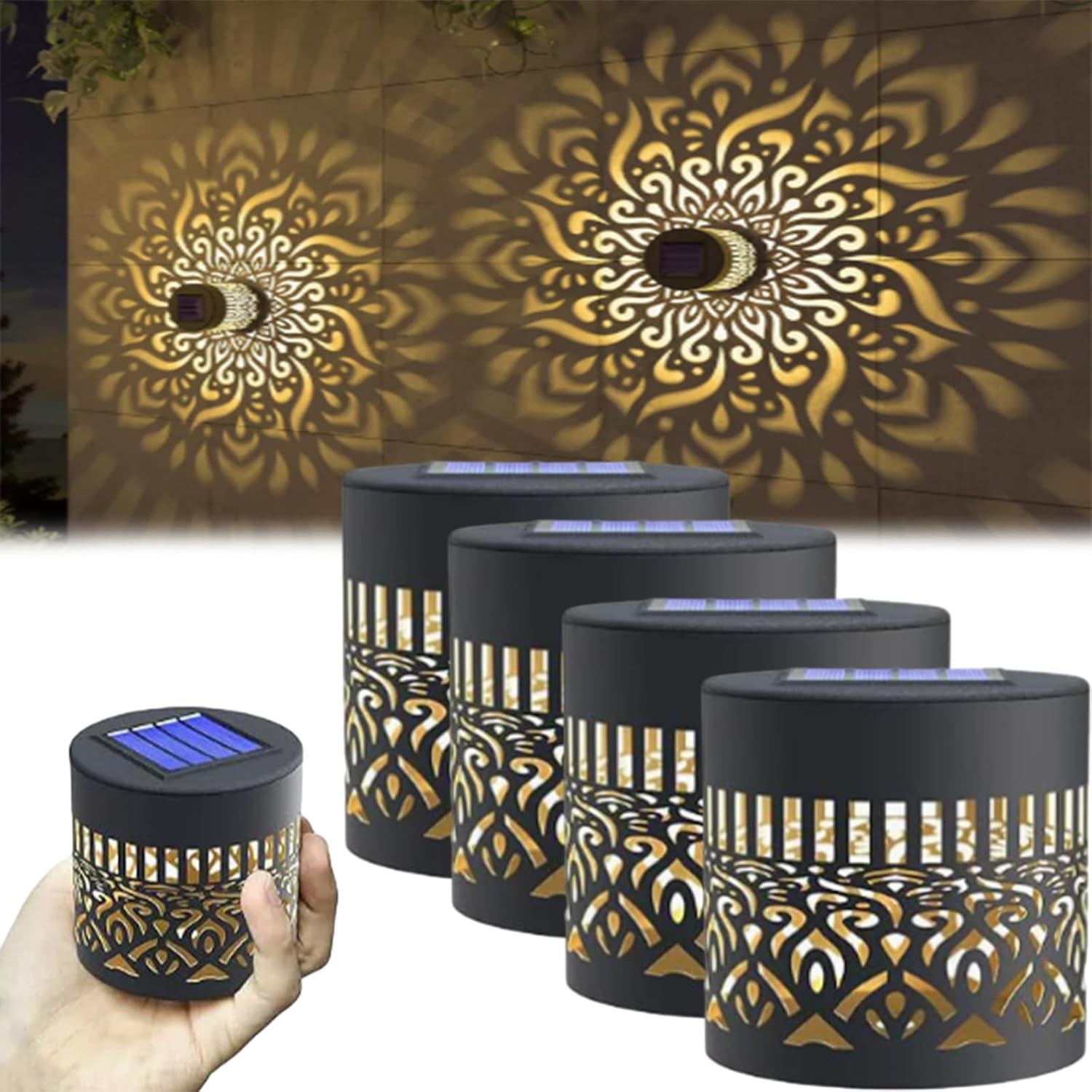 Decorative Solar Mandala Lights, Solar Mandala Lights Outdoor, Metal Solar Powered Outdoor Deck Step Wall Lights, Mandala Theme Waterproof Fence Light for Garden Post Patio Backyard Yard (Set1/4pcs)