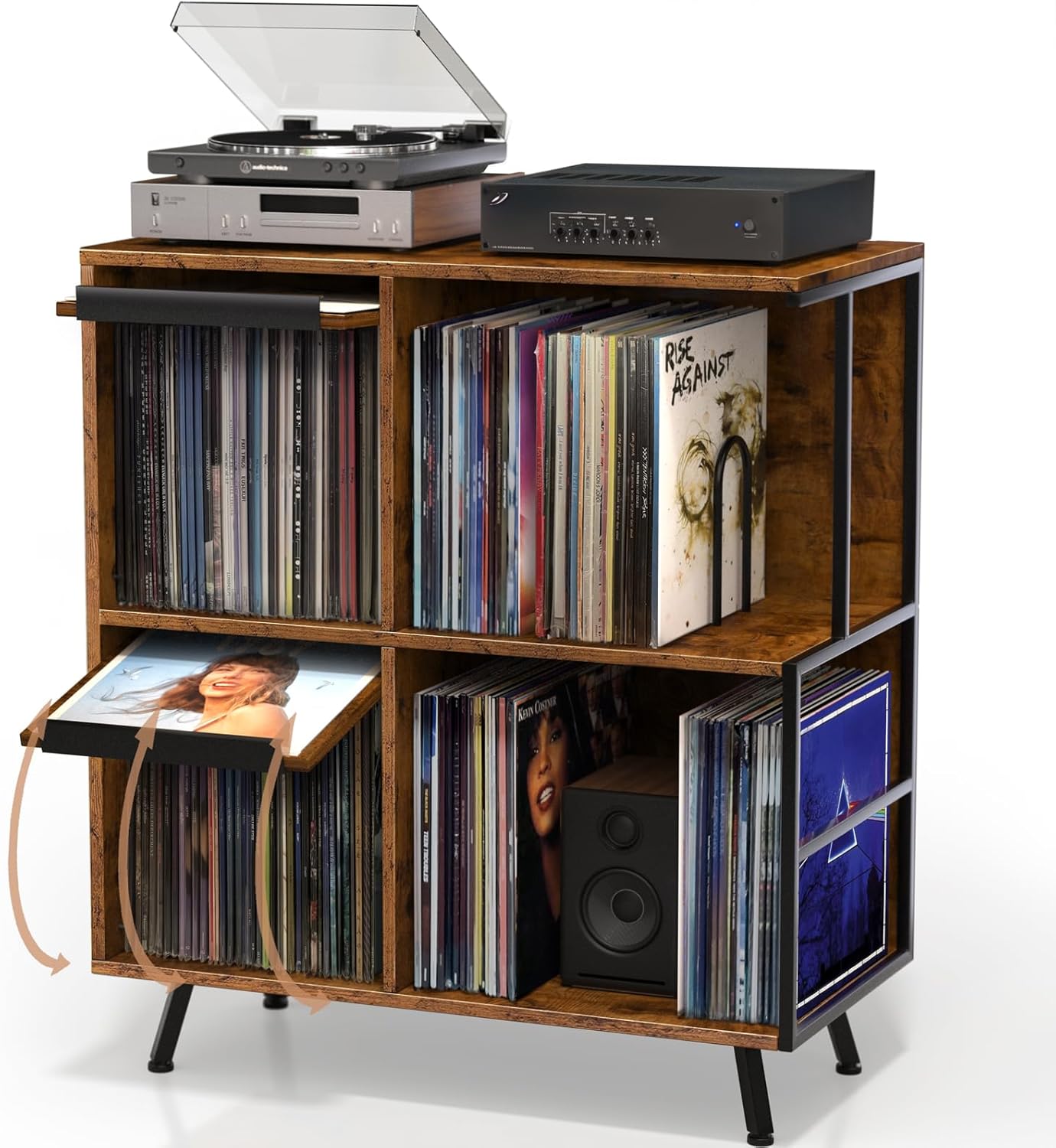 Soporte para tocadiscos de 3 niveles, tocadiscos abatible con capacidad para hasta 300 álbumes, soporte giratorio grande de mediados de siglo,