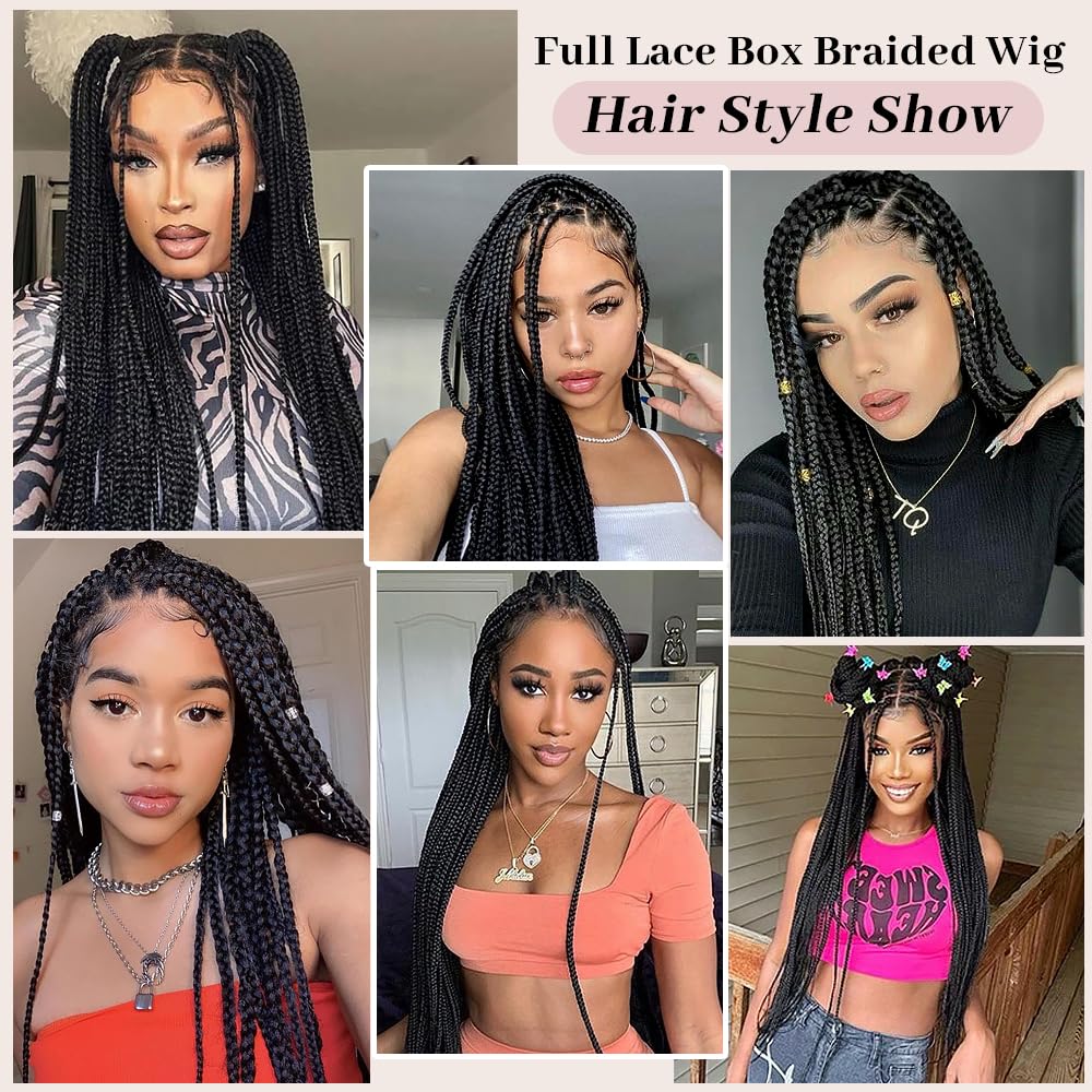 Braided Wig for Black Women Human Hair Blended Glueless Full Double Breathable Lace Front Braids Wig with Baby Hair Lightweight Handmade African American Braided Wigs (#1B, 30 Inch)