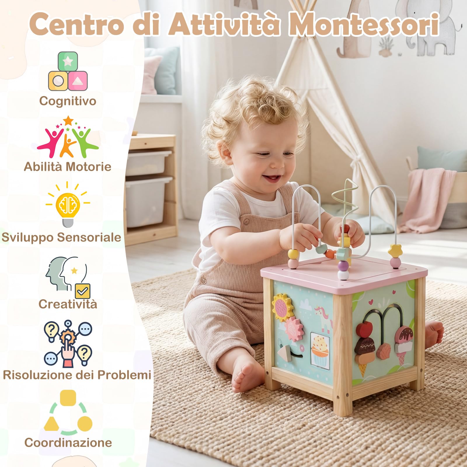 COSTWAY Cubo attività in Legno, Giochi Sensoriali Montessori per Bambini da 18+ Mesi, Giochi Educativi per Lo Sviluppo del Bambino, Giocattolo di Apprendimento per Compleanno e Natale