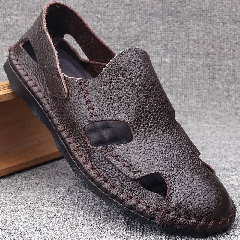 Men Leather Sandals Soft Breathable Hiking Sandals Outdoor Men Casual Slippers Beach Shoes(White-Patch Five-Pointed star4,44 Code)4