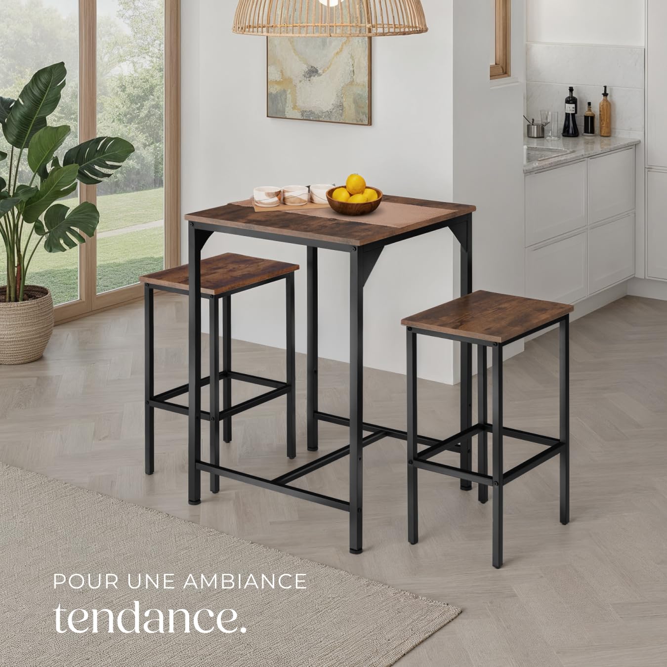 tectake® Ensemble de Bar 3 pièces, Table Haute 60 x 60 x 91 cm et 2 Tabouret Bar 40 x 30 x 66 cm, Style Industriel, Table Haute Mange Debout et Tabouret Haut, Cuisine, Salle à Manger, Bois foncé