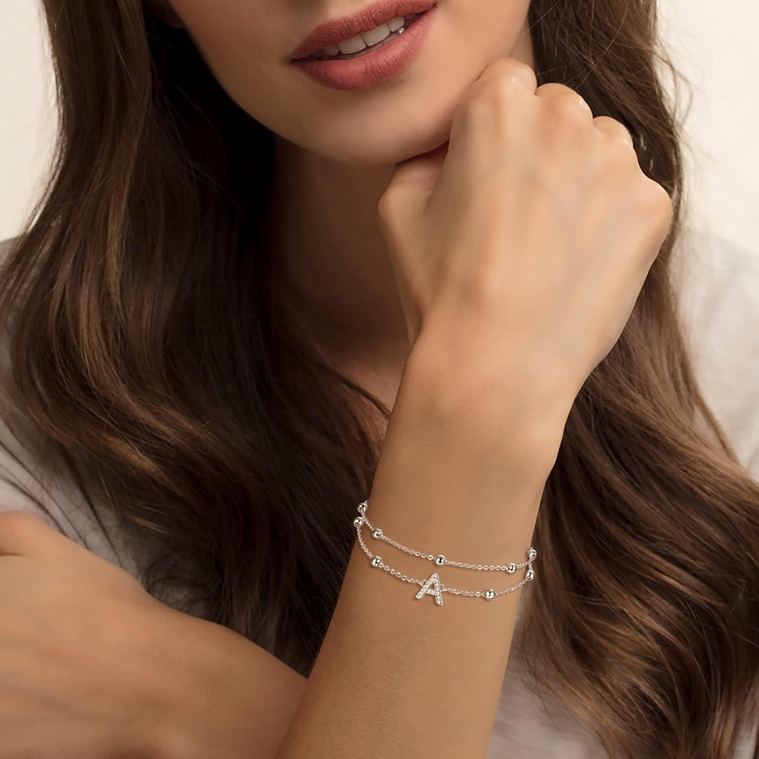 FANZE 925 Sterling Silver Multilayer CZ Initial Double Link Bracelet Cute Tiny Charm Dainty Adjustable Bracelet Gold/Silver Tone Gift for Women
