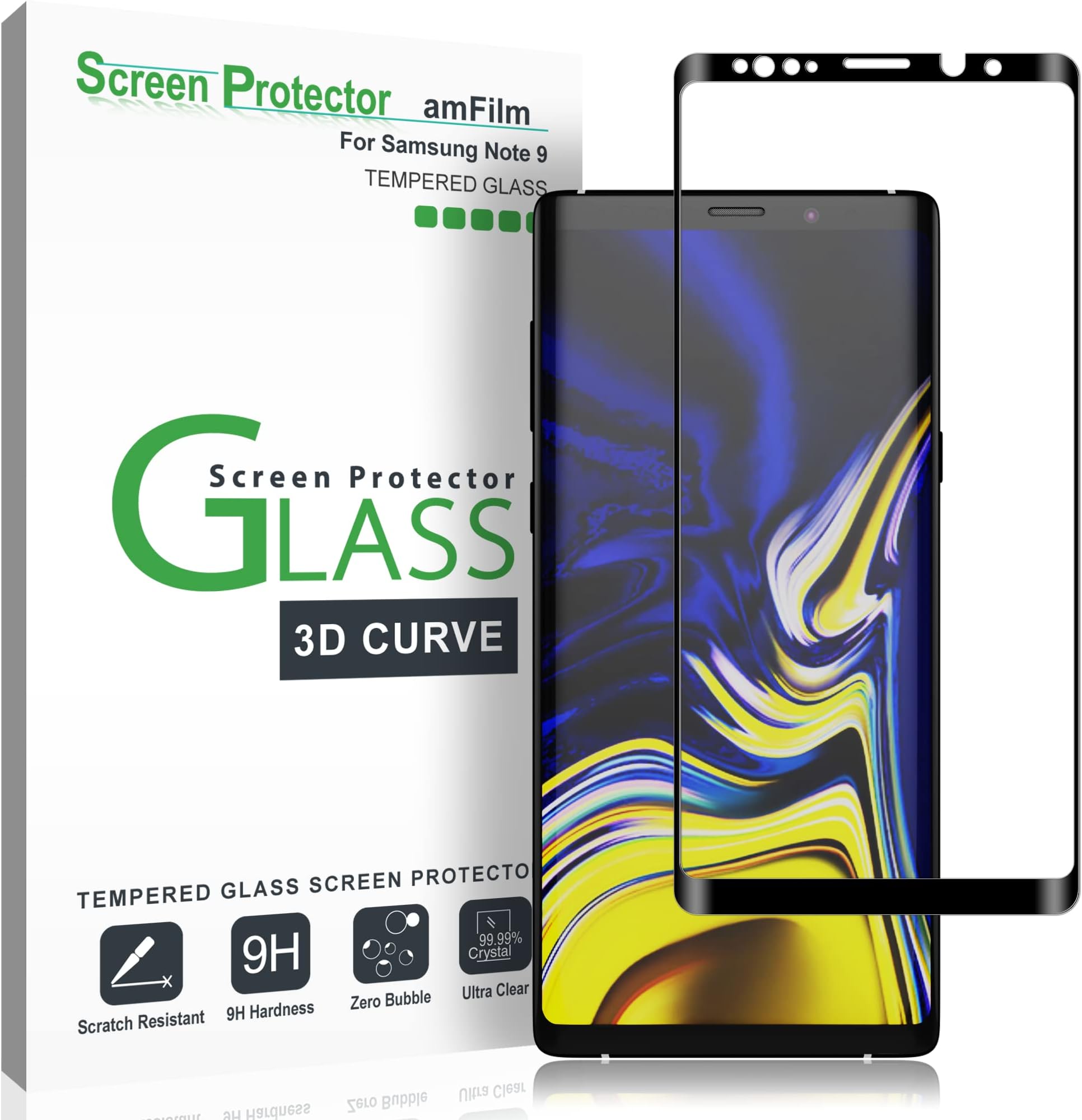 amFilm Tempered Glass Screen Protector for Samsung Galaxy Note 9 (Full Screen Coverage), Dot Matrix, Case Friendly, 3D Curved with Easy Installation Tray - 2018