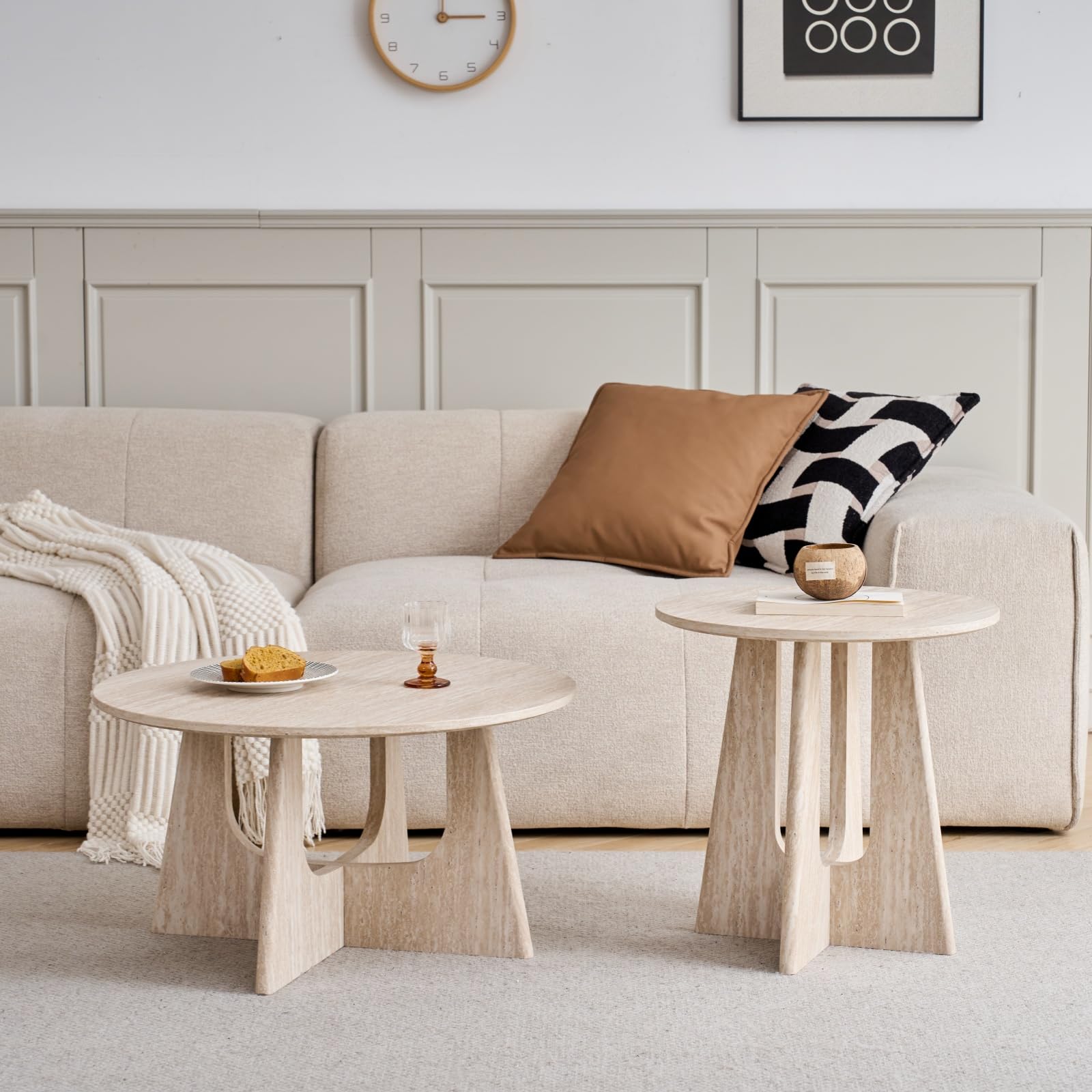 GrandCA HOME Lot de 2 Table Basse Ronde, Table D'appoint de Salon de Style Minimaliste Moderne, Matériau en Panneaux de Fibres de Densité Moyenne, Convient pour Le Salon, La Chambre à Coucher - Beige
